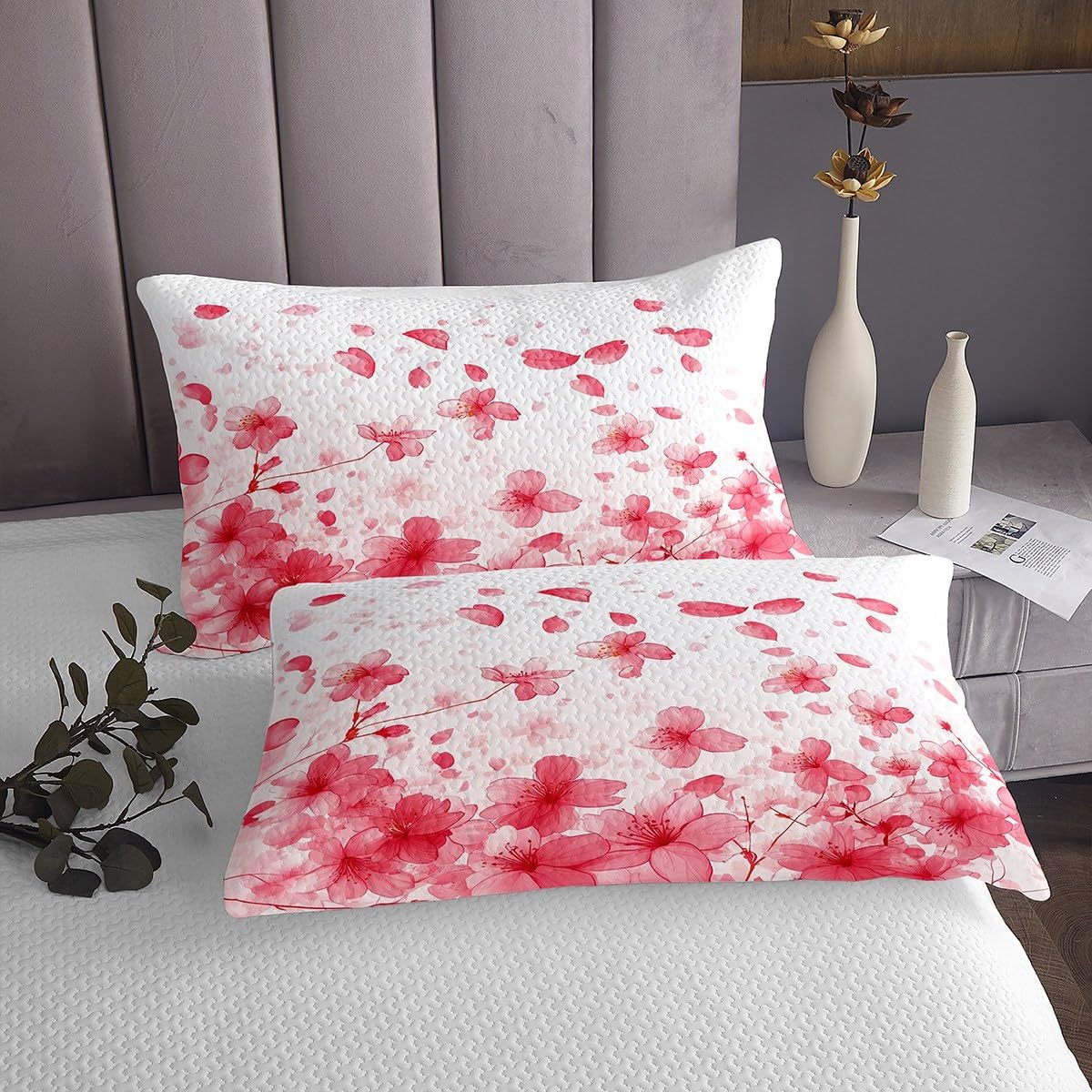Erosebridal Cherry Blossom Bedspread Sets King Red Sakura Kids Coverlet Sets Romantic Watercolor Flowers Quilt Set for Boys Girls,Japanese Cherry Blossom Plants Bedding Set