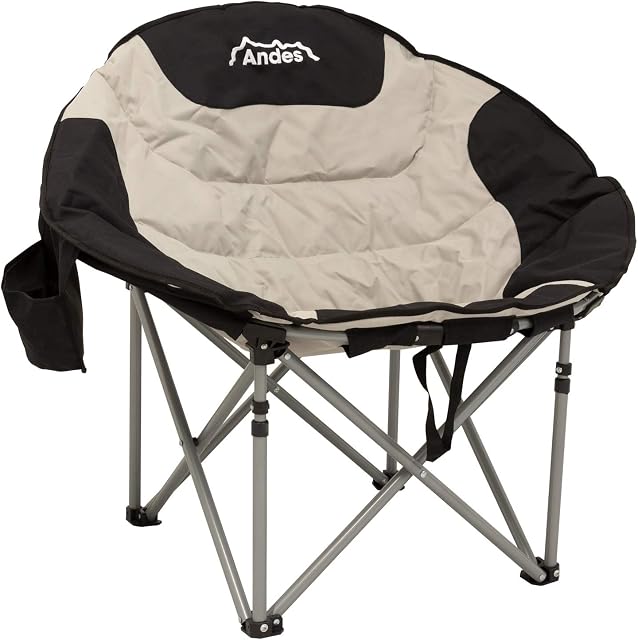 Andes Camping Folding Moon Chair, Cup Holder/Back Pocket Storage, Supports 120kg, Black and Grey