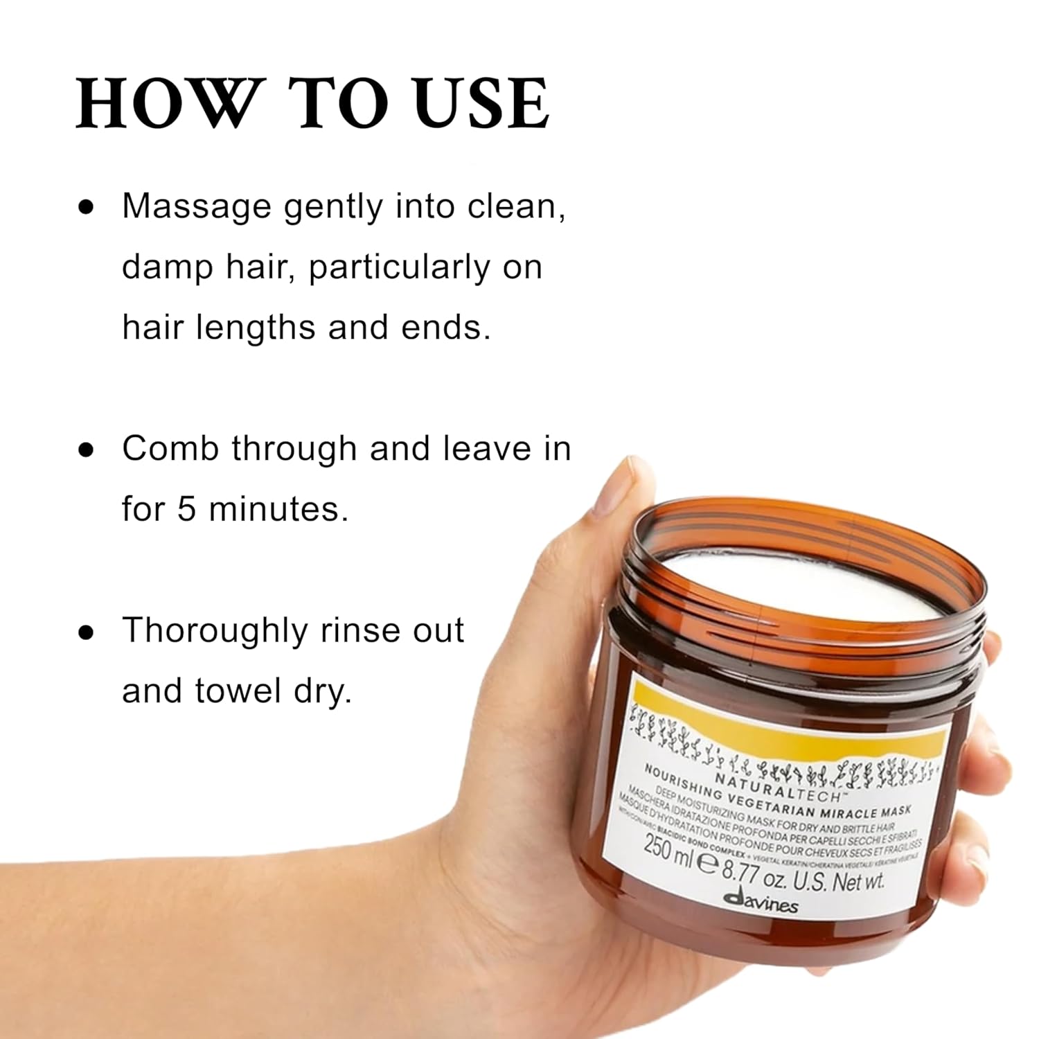 Davines Naturaltech Nourishing Vegetarian Miracle Mask, Restructuring & Hydrating for Dry & Damaged Hair - With Vegetal Keratin - Intense Repair Treatment, 8.45 Fl Oz - Image 4