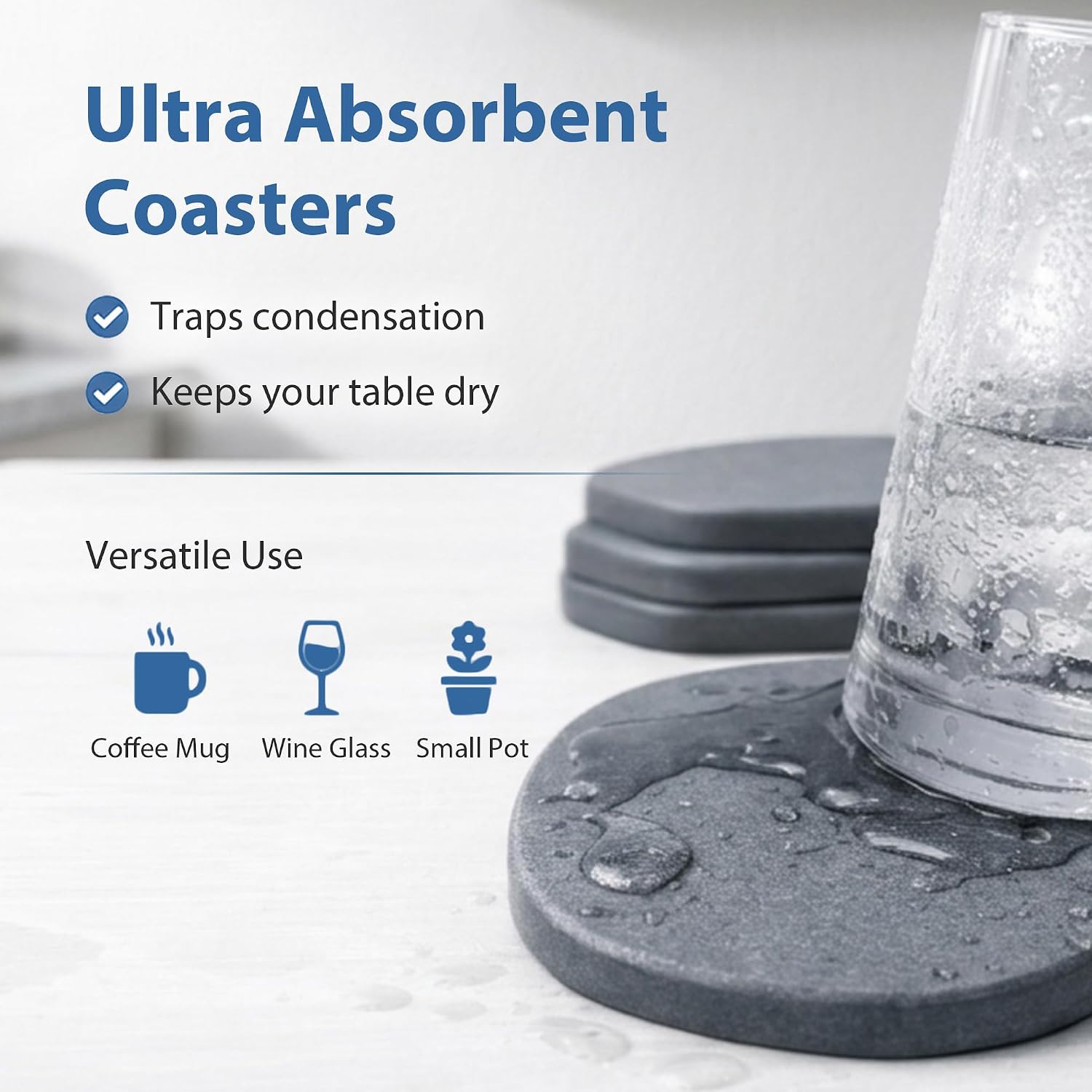 Diatomaceous Earth Coasters Set of 6 for Drinks, Moisture Water Absorbent Stone Coasters for Table Desk at Work, Water Absorbing Instant Drying Diatomite, Modern Deep Grey