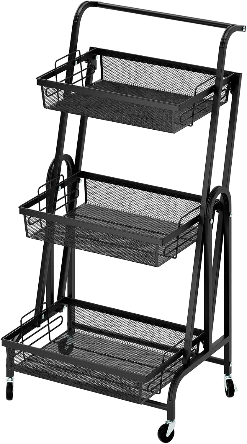 BARMI 3-Tier Storage Rack, Foldable Storage Shelves with Casters, Moving Freestanding Metal Storage Shelf with Detachable Mesh Basket, Fruits Vegetables Storage Basket Cart, 90-180 Degree Rotatable