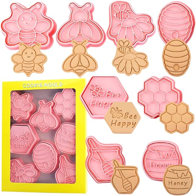 Crethink Bee Cookie Cutter Set-8 Plastic Cookie Stamp- bee Festival Theme Fun Cookie Mold, Children's Baking Set.