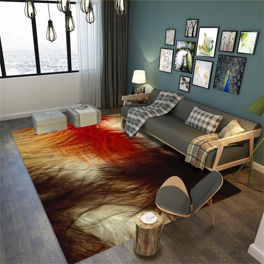 Tapis de chambre ado rouge 140x200cm au motif plumes élégant pour couloir long et salon
