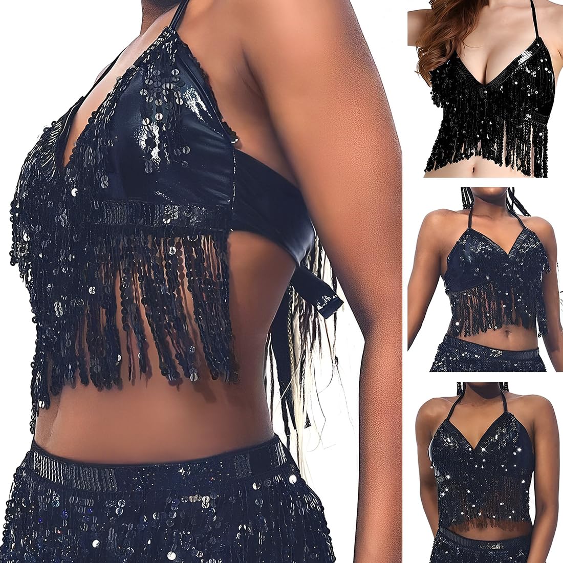 Tops de danza para mujer,Top con borlas y lentejuelas para danza del vientre (negro)
