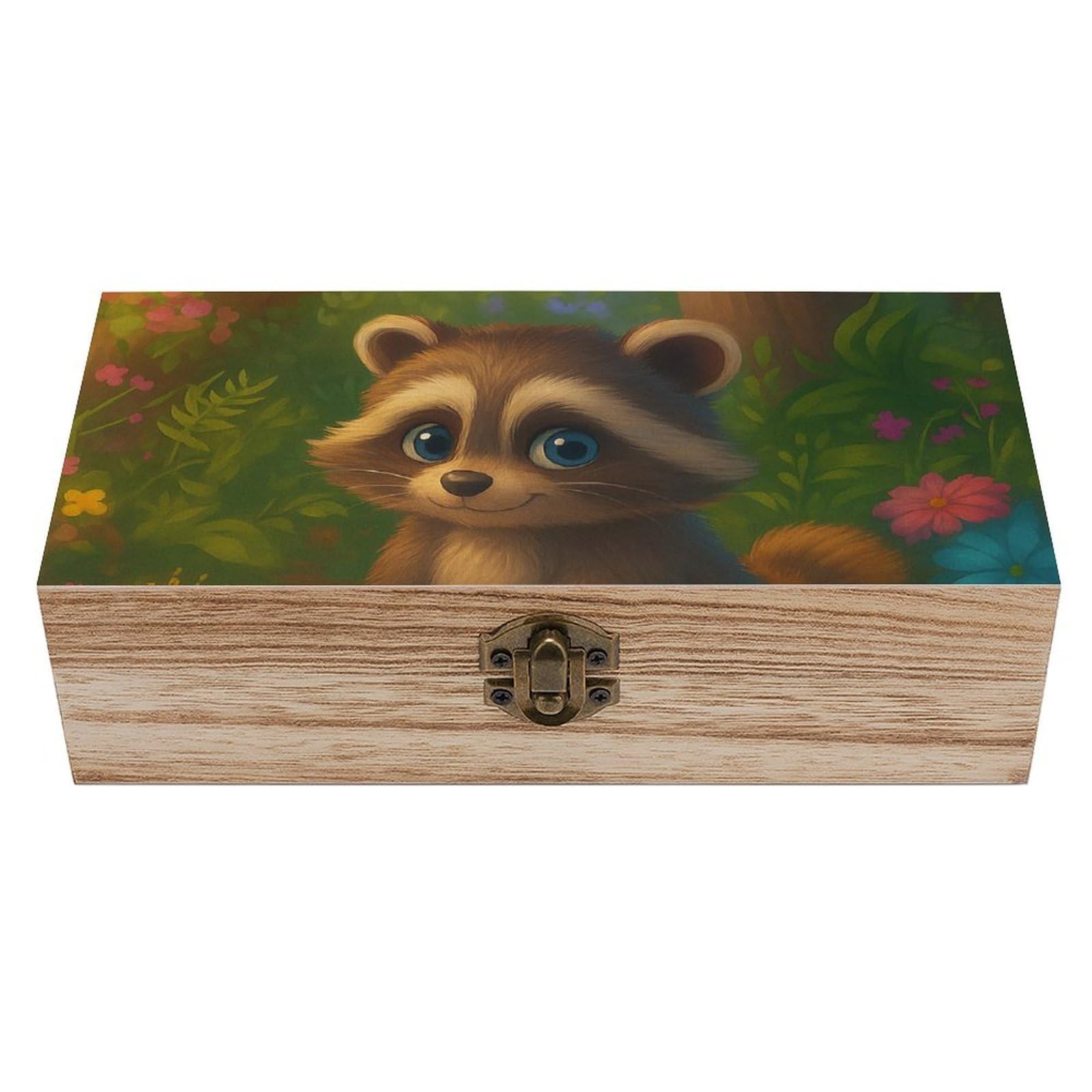 SMAZDFXX Adorable Raccoon with Flower Wooden Storage Box Multipurpose Decorative Box for Jewelry Photo Home Decor