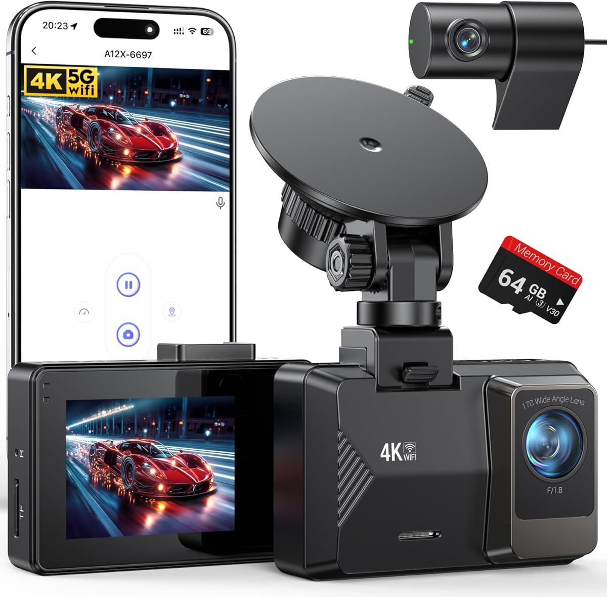 Dash Cam Front Rear, 4K/1080P Dual Channel Dash Cams with 64GB Card, Dash Camera for Cars with 5GHz WiFi, APP Control,2.0" IPS Screen,Night Vision,G-Sensor,170°Wide Angle,Parking Mode,Loop Recording : Electronics