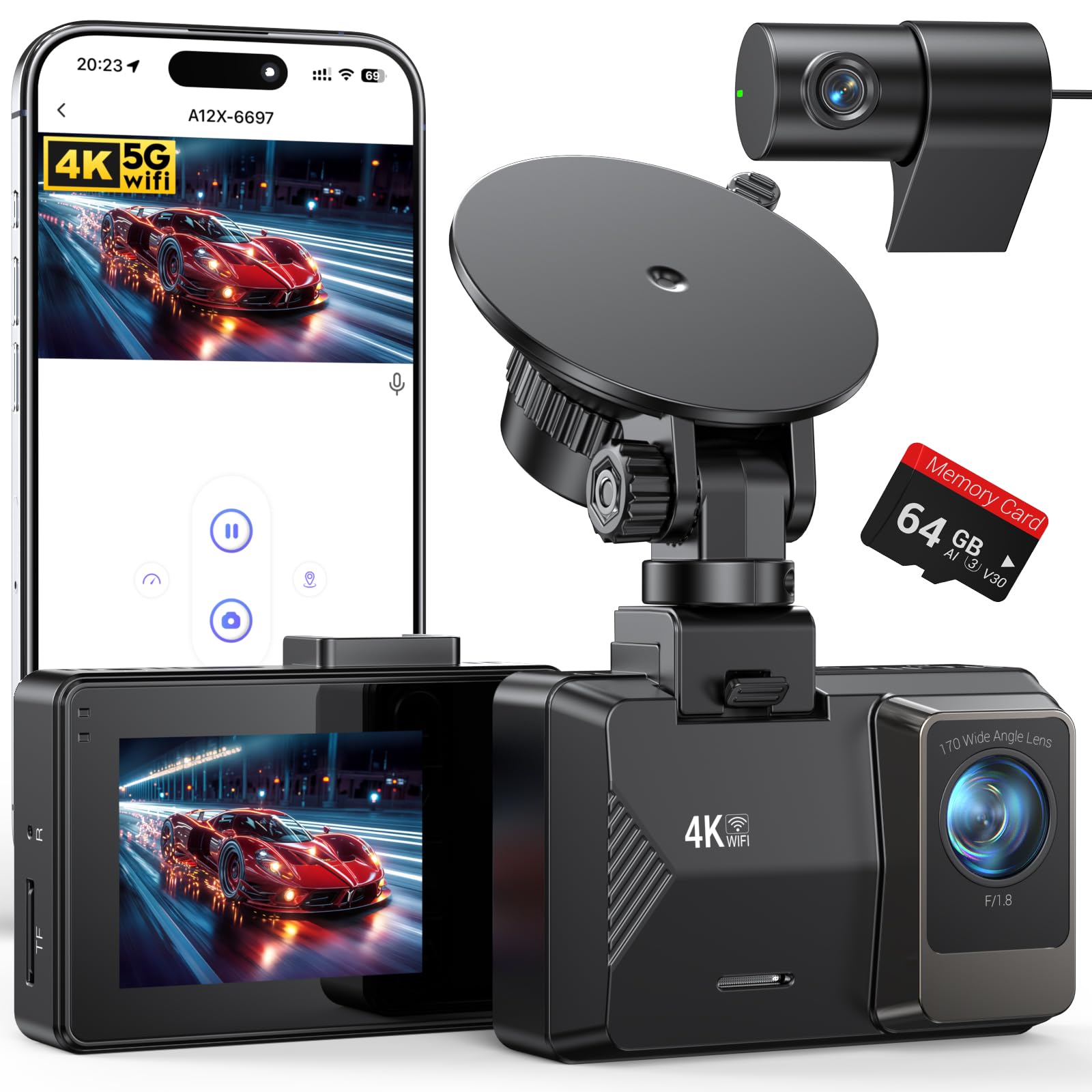 4K Dash Cam Front Rear Dual Channel Dash Cams with 64GB Card 4K 1080P Dash Camera for Cars
