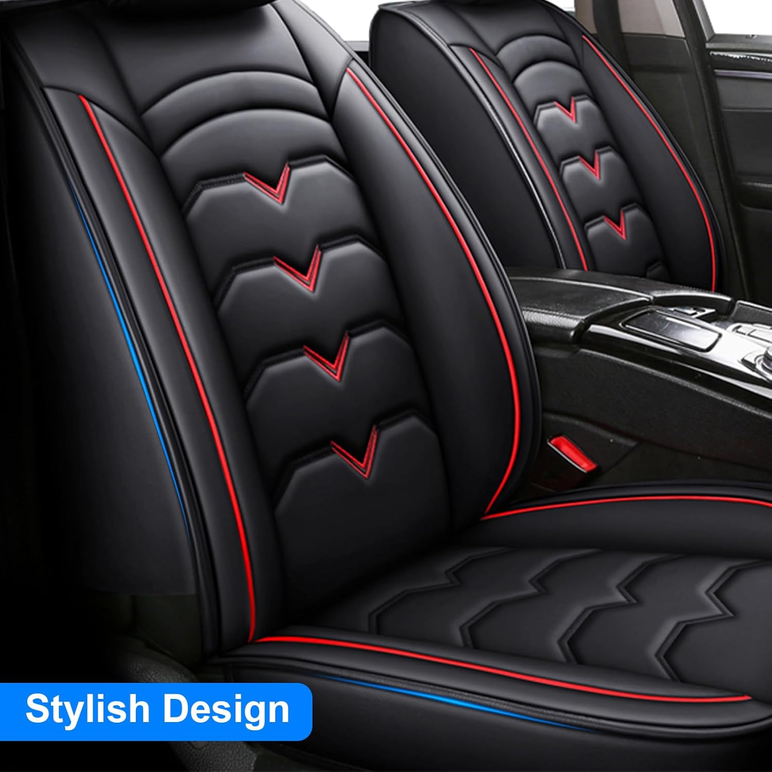 5pcs Car Seat Covers Fit for Kia Optima 2003-2020,Waterproof Faux Leather Car Seat Covers Cushion Protectors, Airbag Compatible Car Seat Covers,Black with Red Line