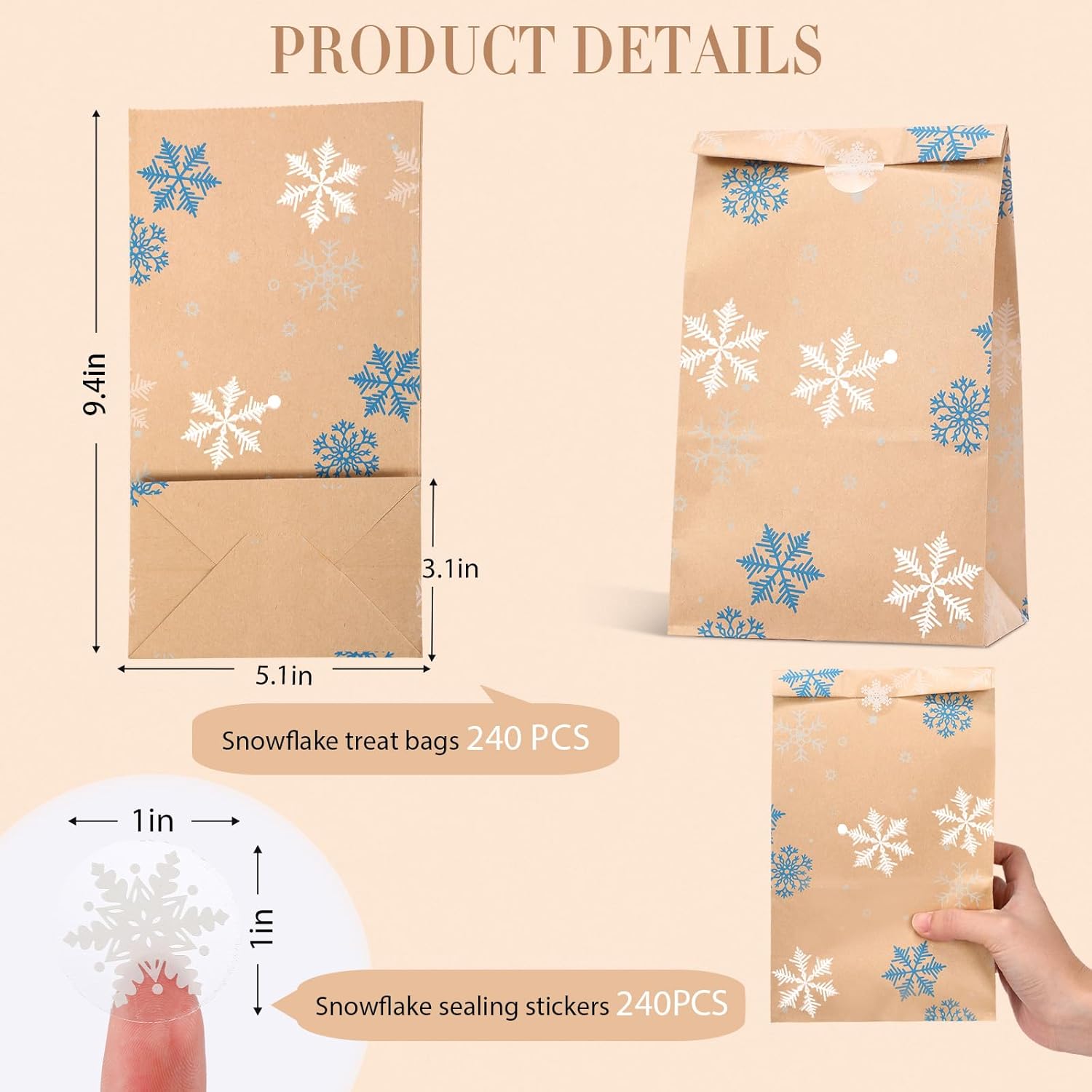 Cholemy 240 Sets Christmas Party Gift Bags with Snowflake Sealing Stickers Winter Goodie Bags Snowflake Kraft Paper Treat Pouches for Xmas Holiday Party Favors, 5.1 x 9.4 x 3.1 Inch