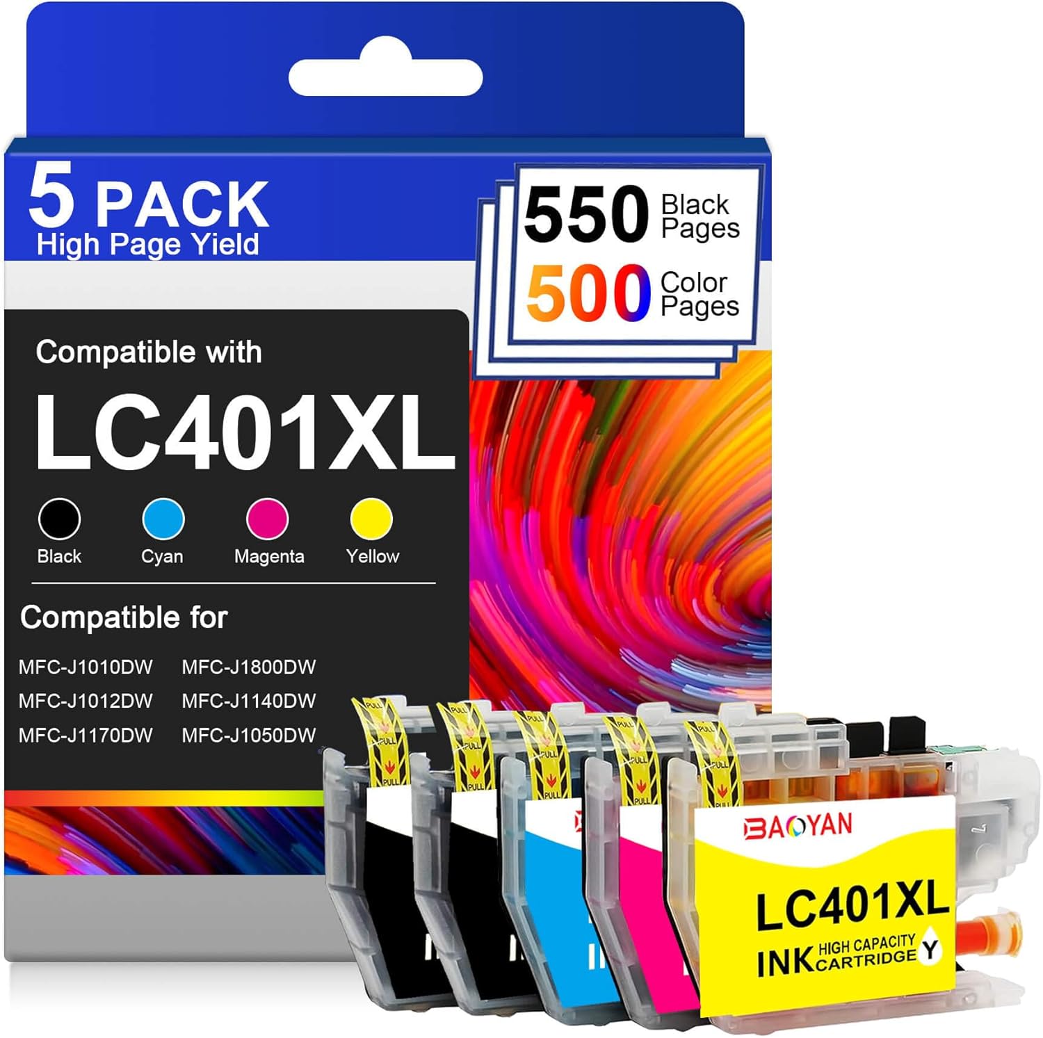 LC401XL Ink Cartridges for Brother Printer Compatible for LC401 401XL Ink Cartridges for MFC-J1010DW MFC-J1012DW MFC-J1170DW Printer 5 Pack (2 Black, 1 Cyan, 1 Magenta, 1 Yellow)