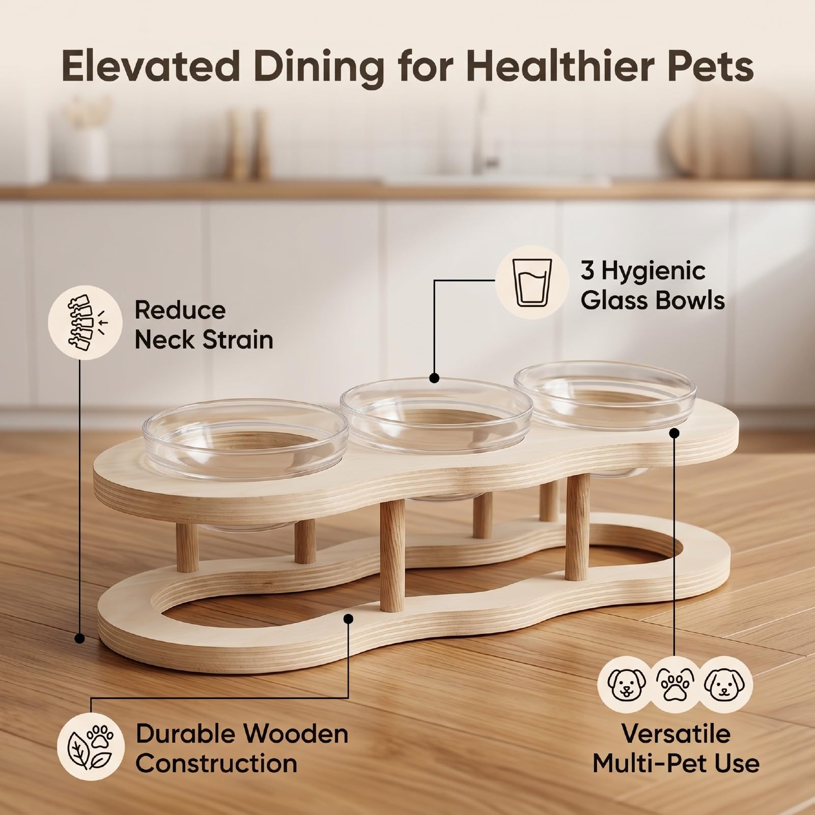 Gamelles Surélevées pour Chat, Gamelles Surélevées Anti-vomissements avec 3 Bols d'eau en Verre et Support en Bois, Station d'alimentation Réglable pour Petit Chien
