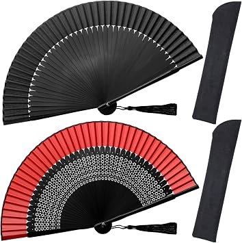 OMyTea Folding Hand Fans for Women - Foldable Chinese Japanese Vintage Bamboo Silk Fans Solid Sexy Black & Sexy Red