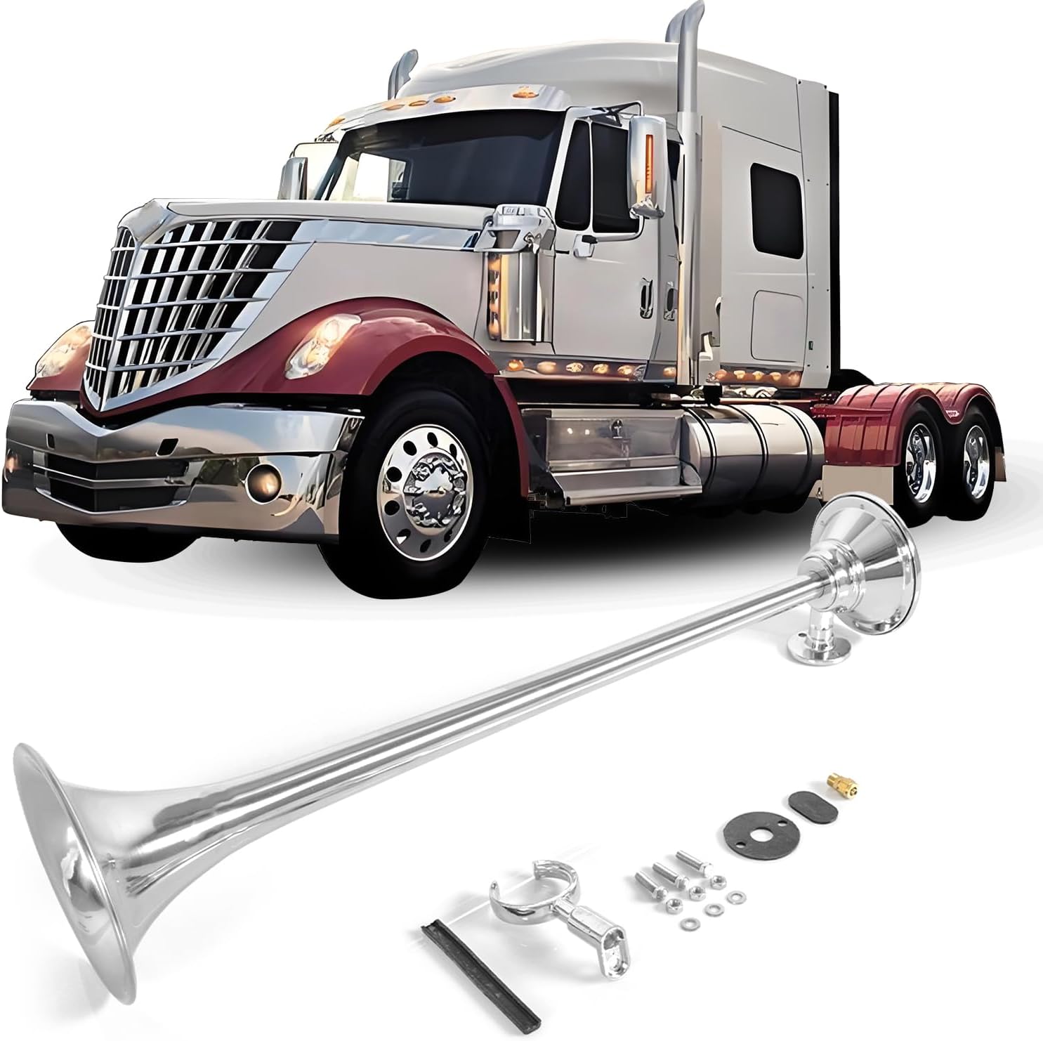 25.1 inch Chrome Train Horn for Truck Loud Single Air Horns 150DB Train Horns for Pickup Trucks 640mm Air Horn Single Trumpet Horns for Truck Fit Car/Boat/Yachts/Jeep/Busses/Pickups/etc