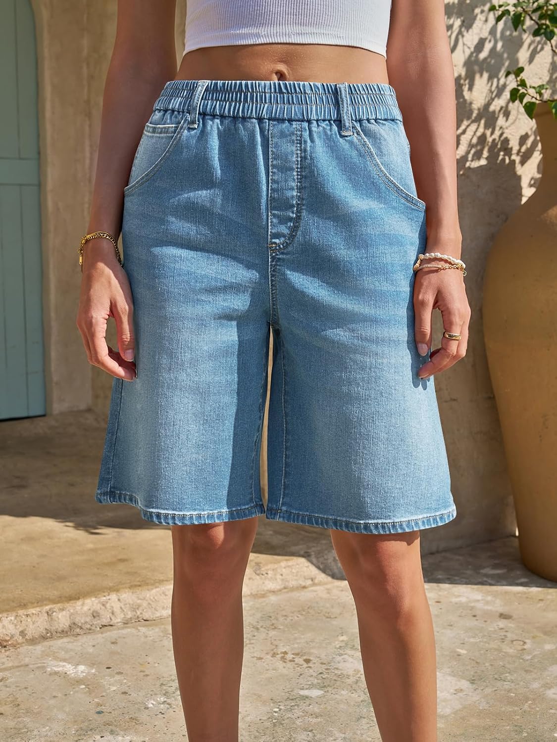 Yousify Womens Bermuda Jean Shorts Elastic Waisted Long Denim Short Knee Length Baggy Jeans Jorts