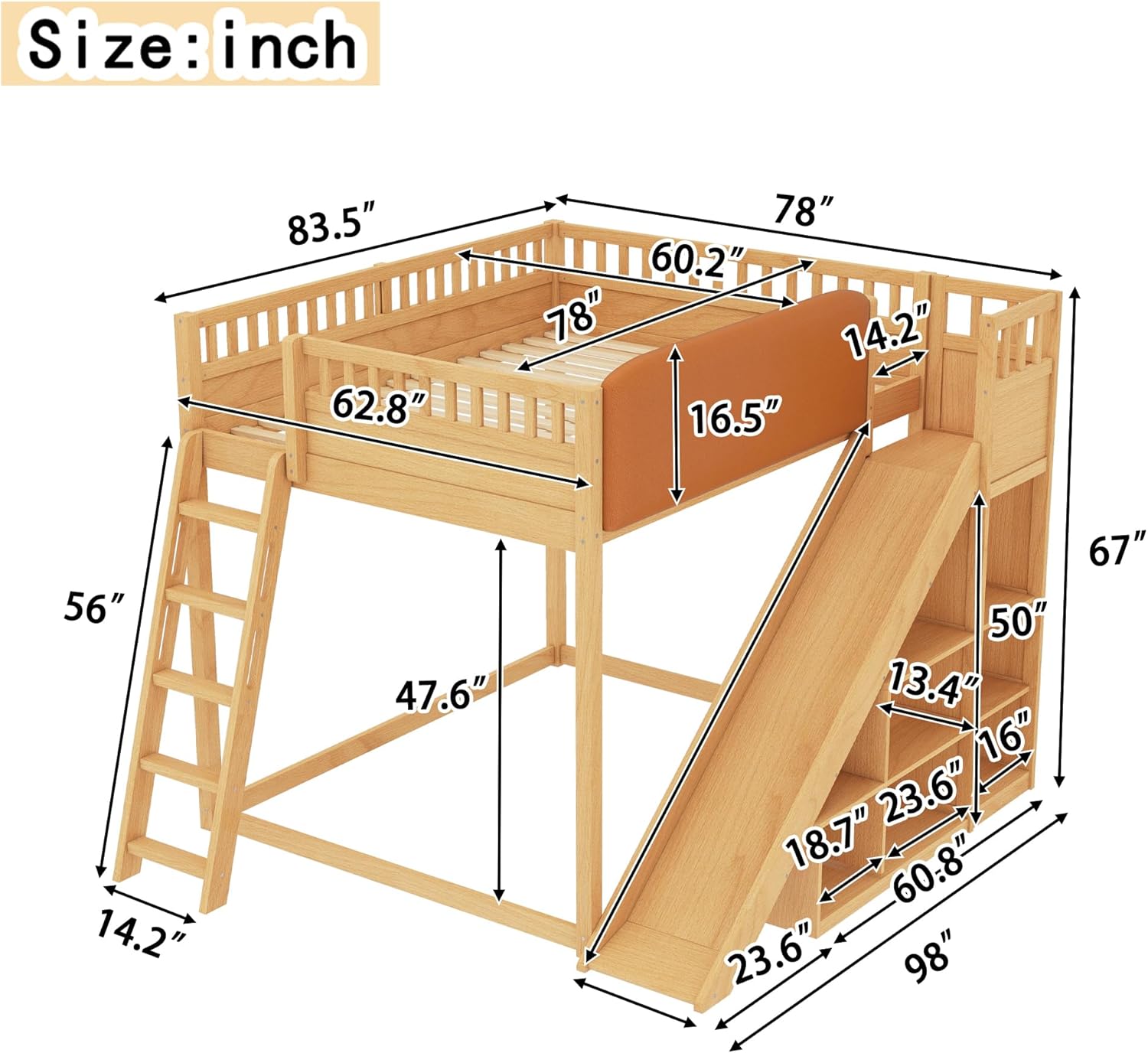 Bellemave Queen Size Kids Loft Bed with Slide and Storage Shelves for Kids,Solid Wood Loft Bed Frame with Inclined Ladder and Upholstered Headboard for Girls Boys,Space Saving,Natural