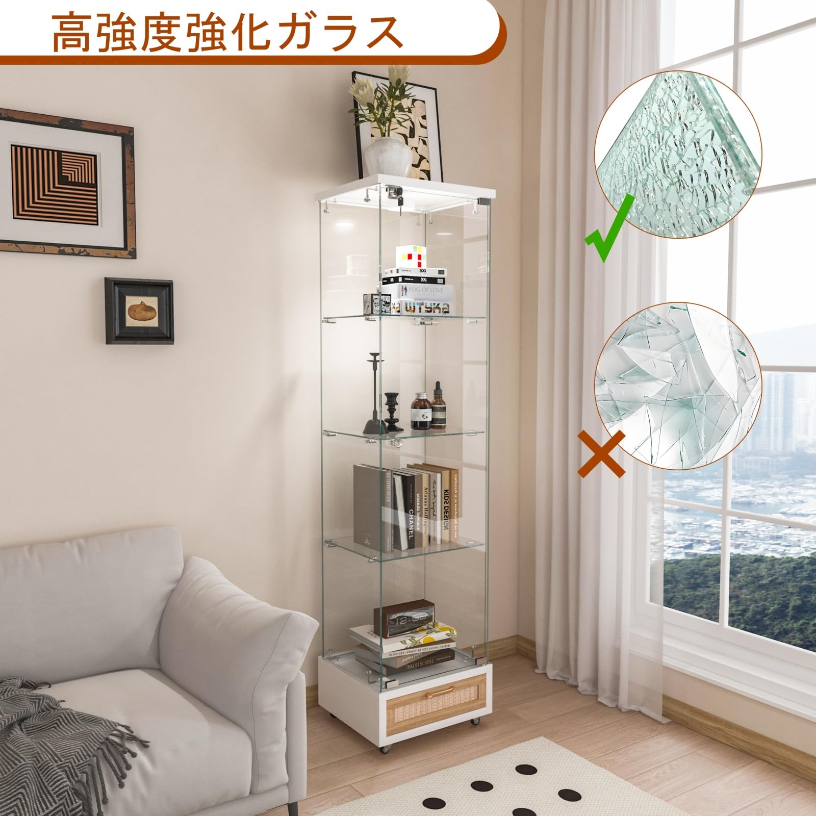 Amazon.co.jp: LED照明付き 鍵付き ガラスディスプレイキャビネット