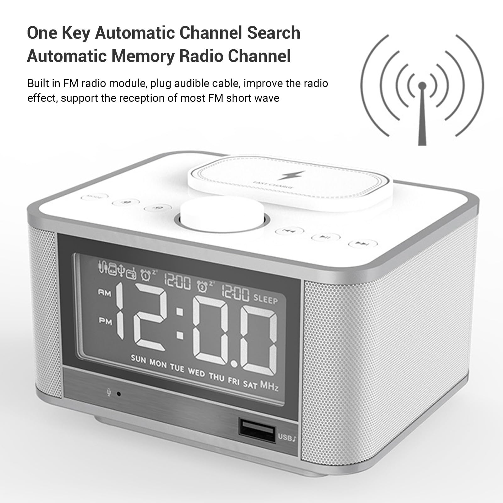 AMONIDA Sveglia con Altoparlante da 5 W, Radio FM con Ricarica Wireless, Display LCD e Porta AUX, per la Camera da Letto 'ufficio Domestico (Spina europea)