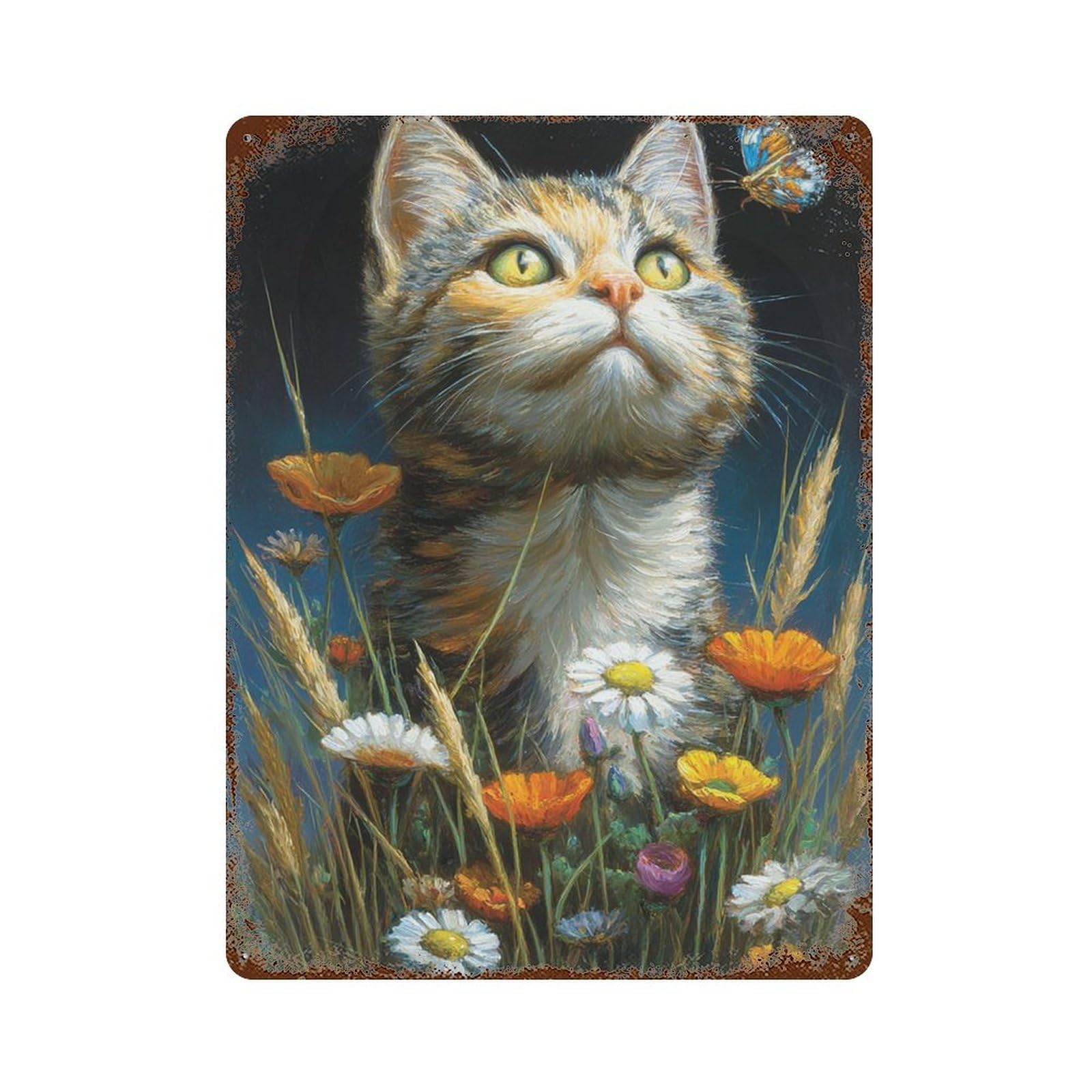 Kitten And Butterfly Garden 15.7"x11.8" Weathered Tin Sign, Shabby Chic Decor for Cafe, Home Bar And Lounge Decor