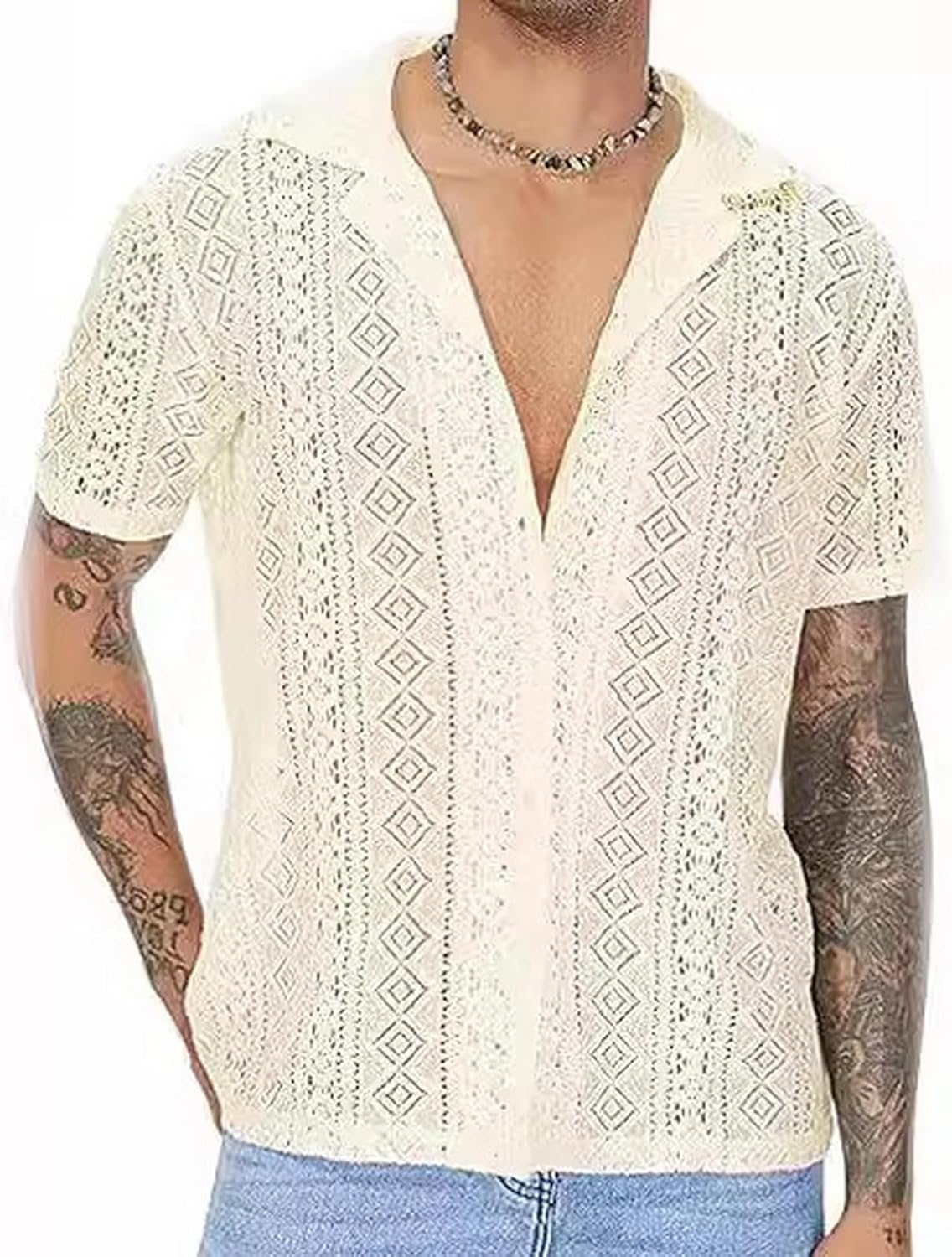 Mens Lace Short Sleeve Shirt Hollow Out Sheer See Through Button Holiday Casual T Shirt Top
