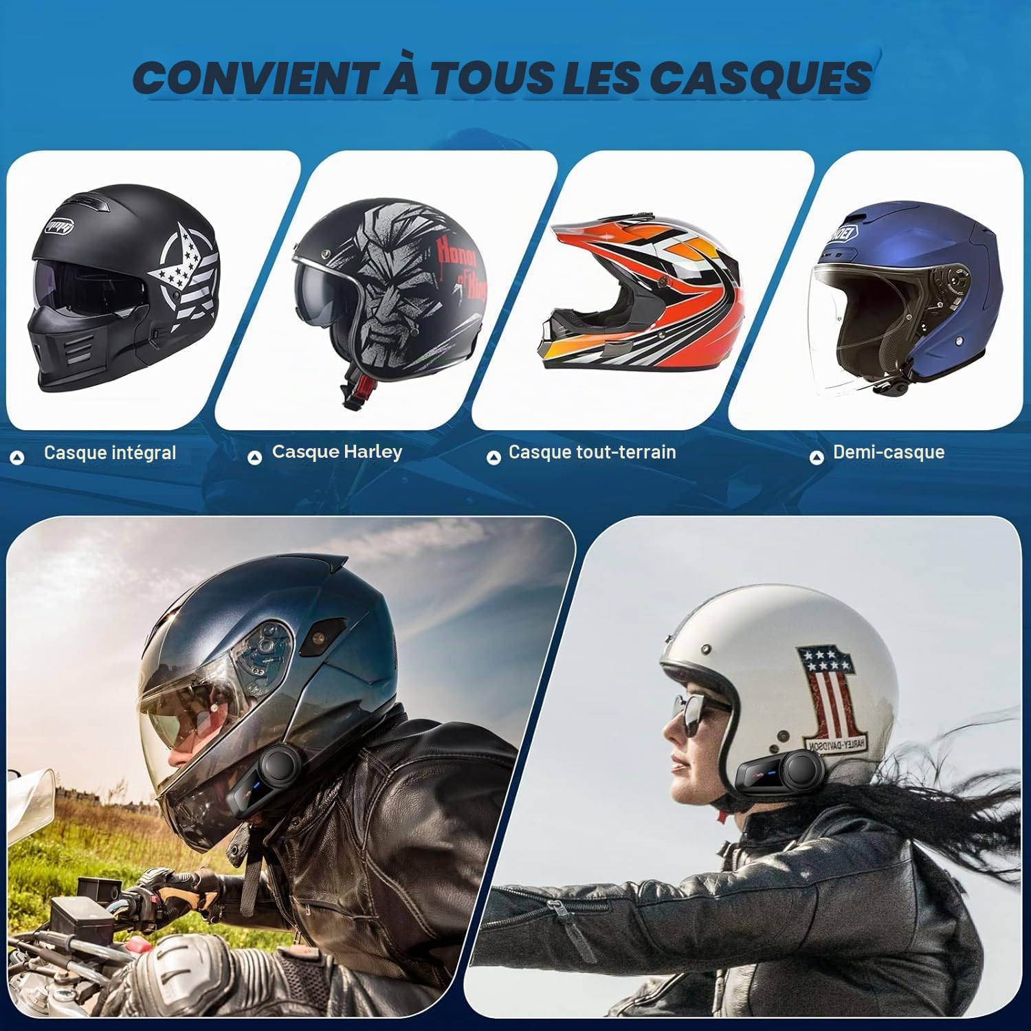 MAXTO Intercom Moto Kit Bluetooth Casque, M2 2-6 Riders 1000M Kit Main Libre Appairage Universel, BT5.0 Ecouteur avec Suppression du Bruit, IP67 étanche, Partage de Musique