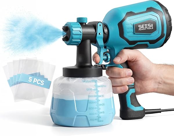 Seesii Paint Sprayer,1400ML HVLP Paint Gun with 4 Nozzles and 3 Patterns, 5 Paint Bags, Easy Clean & Adjustable Flow, Sprayer Gun for House Painting, Furniture, Cabinets, Walls, Fence, DIY Projects - 1