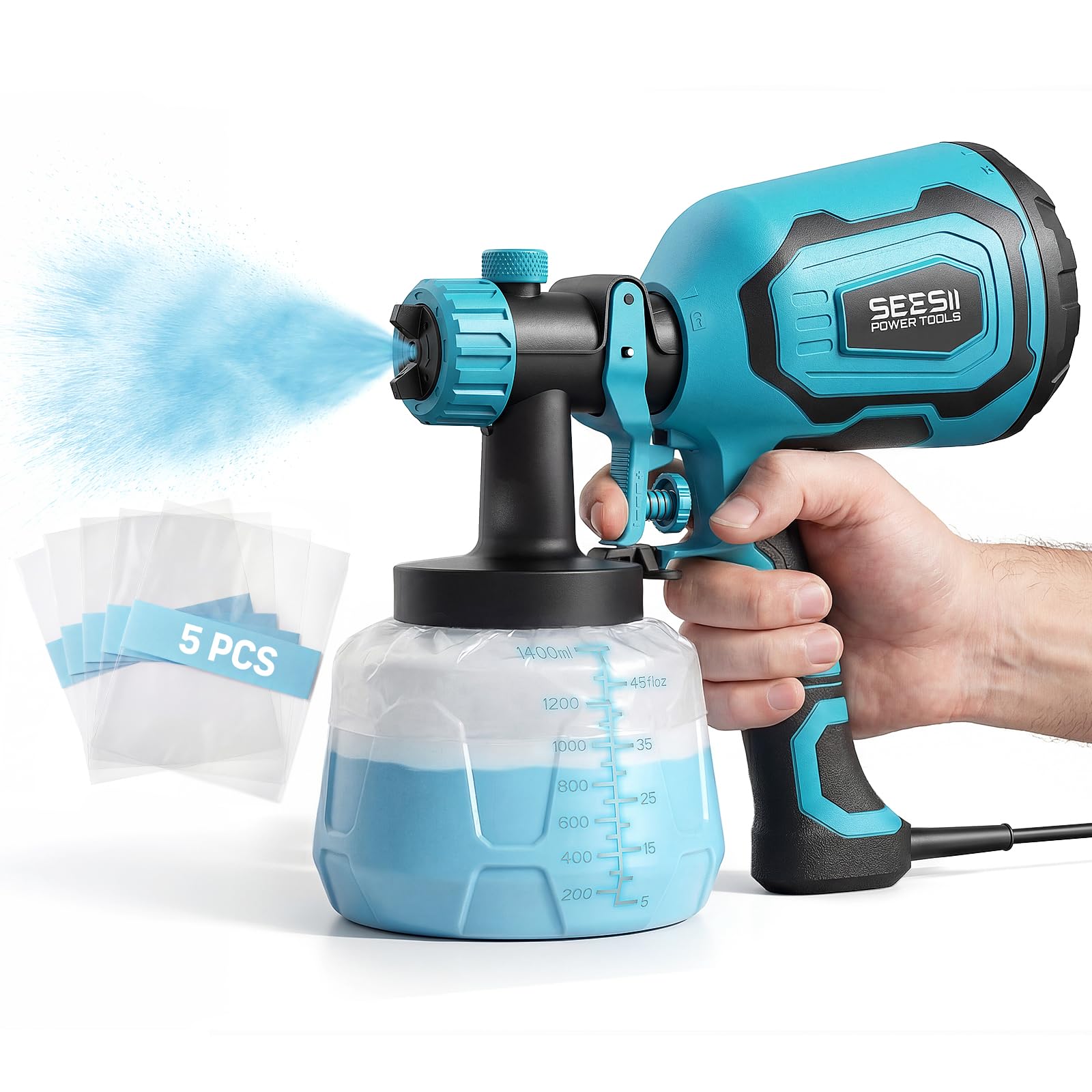 Seesii Paint Sprayer,1400ML HVLP Paint Gun with 4 Nozzles and 3 Patterns, 5 Paint Bags, Easy Clean & Adjustable Flow, Sprayer Gun for House Painting, Furniture, Cabinets, Walls, Fence, DIY Projects