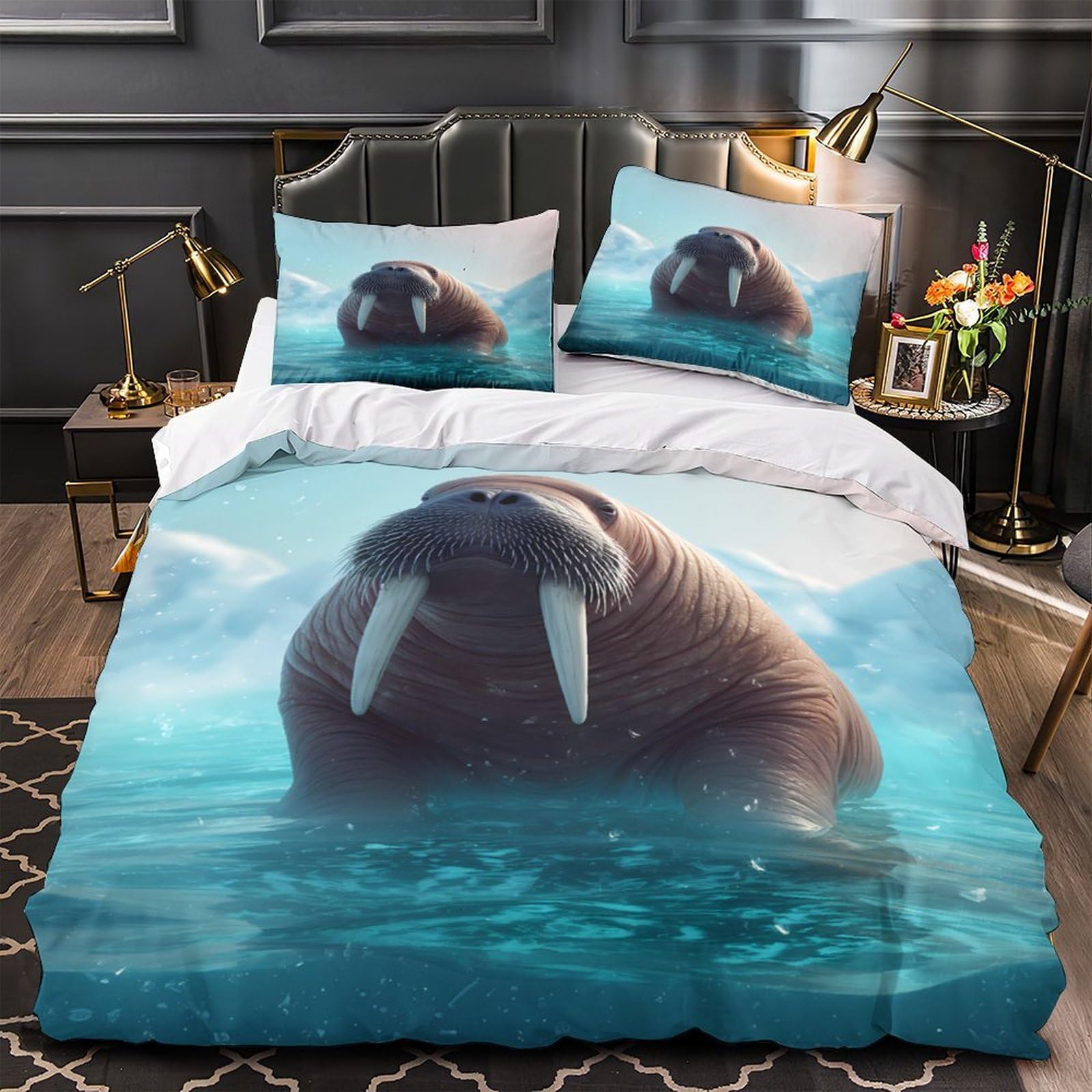 MMDASBVPE Walrus in Water Comforter Cover 3D Design Printed Luxury 3 Piece Bedding Set Zipper Quilt Cover Super Soft Breathable for Kids Teens Adults Women Youth Teenagers Double（200x200cm）