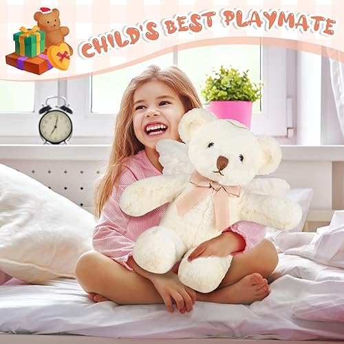 Miniatura 5 de Sratte Oso de ángel de peluche de 16 pulgadas con lazo de alas suave y lindo juguete de peluche para niños y niñas, cumpleaños, baby shower,