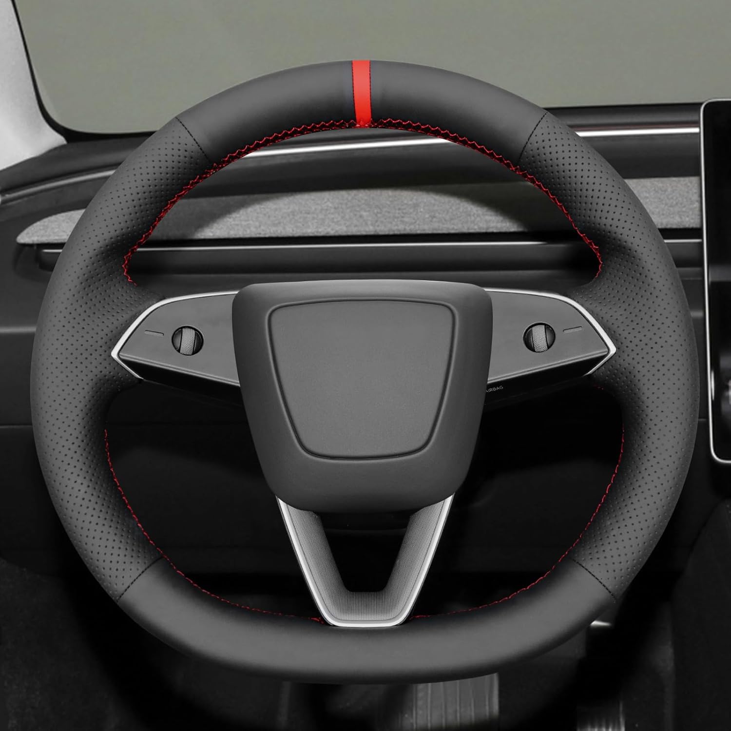MEWANT Hand Stitched Matte Carbon Real Leather Steering Wheel Cover Wrap for Tesla Model 3 Highland 2023 2024 2025 Steering Wheel Accessories Red Marker