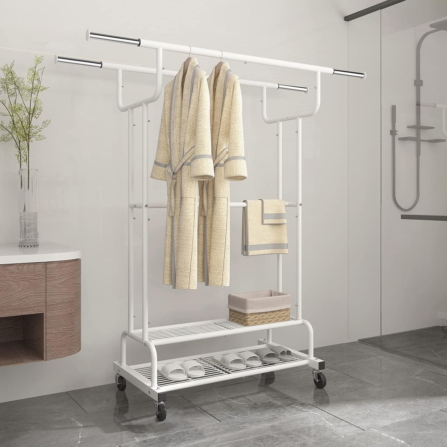 Simple Trending Double Rail Clothes Garment Rack, Heavy Duty Commercial Grade Clothing Rolling Rack on Wheels and Bottom Shelves, Holds up to 300 lbs, White
