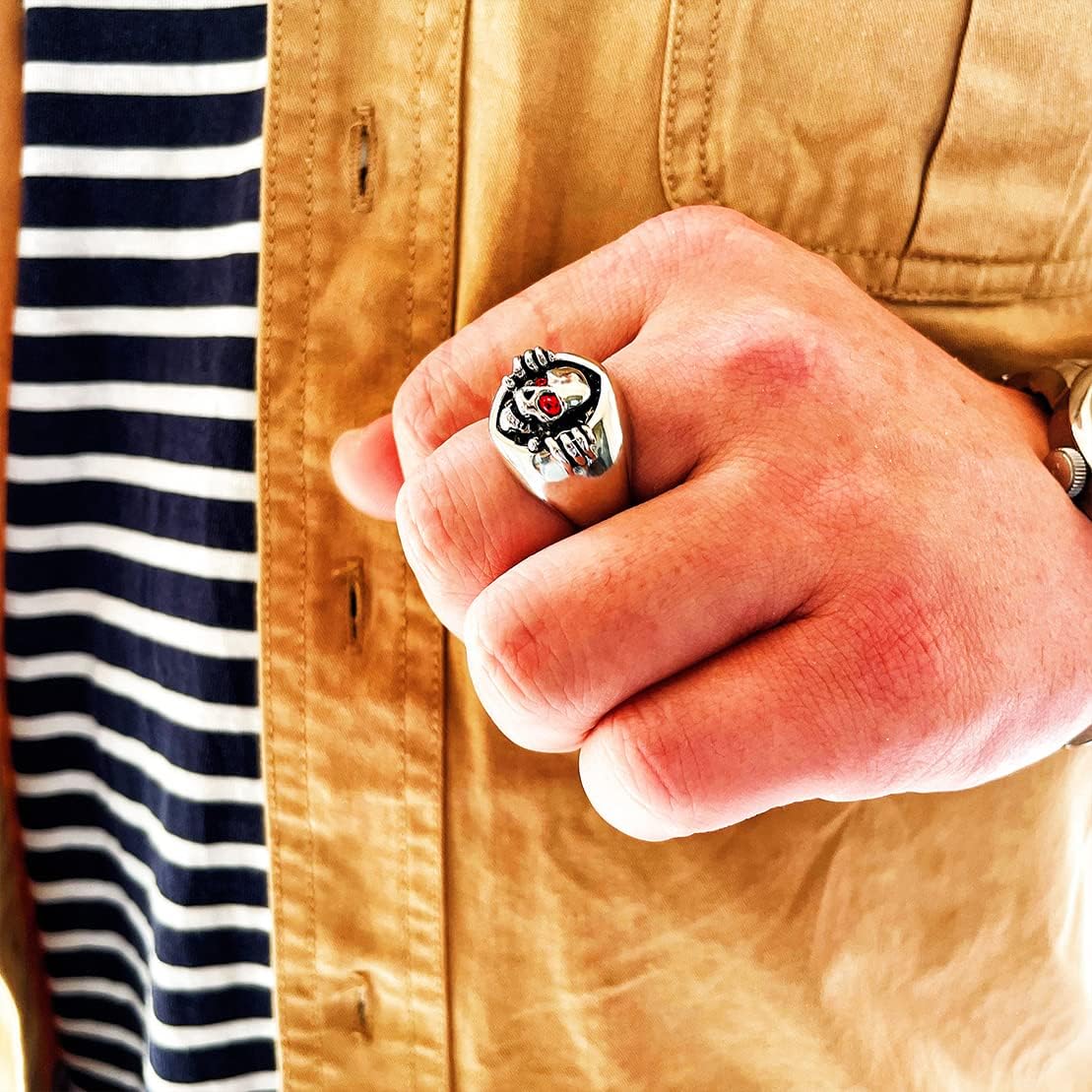 Mens Skull Ring,Cool Exquisite Stainless Steel Skeleton Ring,Gothic Retro Vintage Punk Biker Cocktail Party Death Head Ring Halloween Jewelry for Men - Image 5