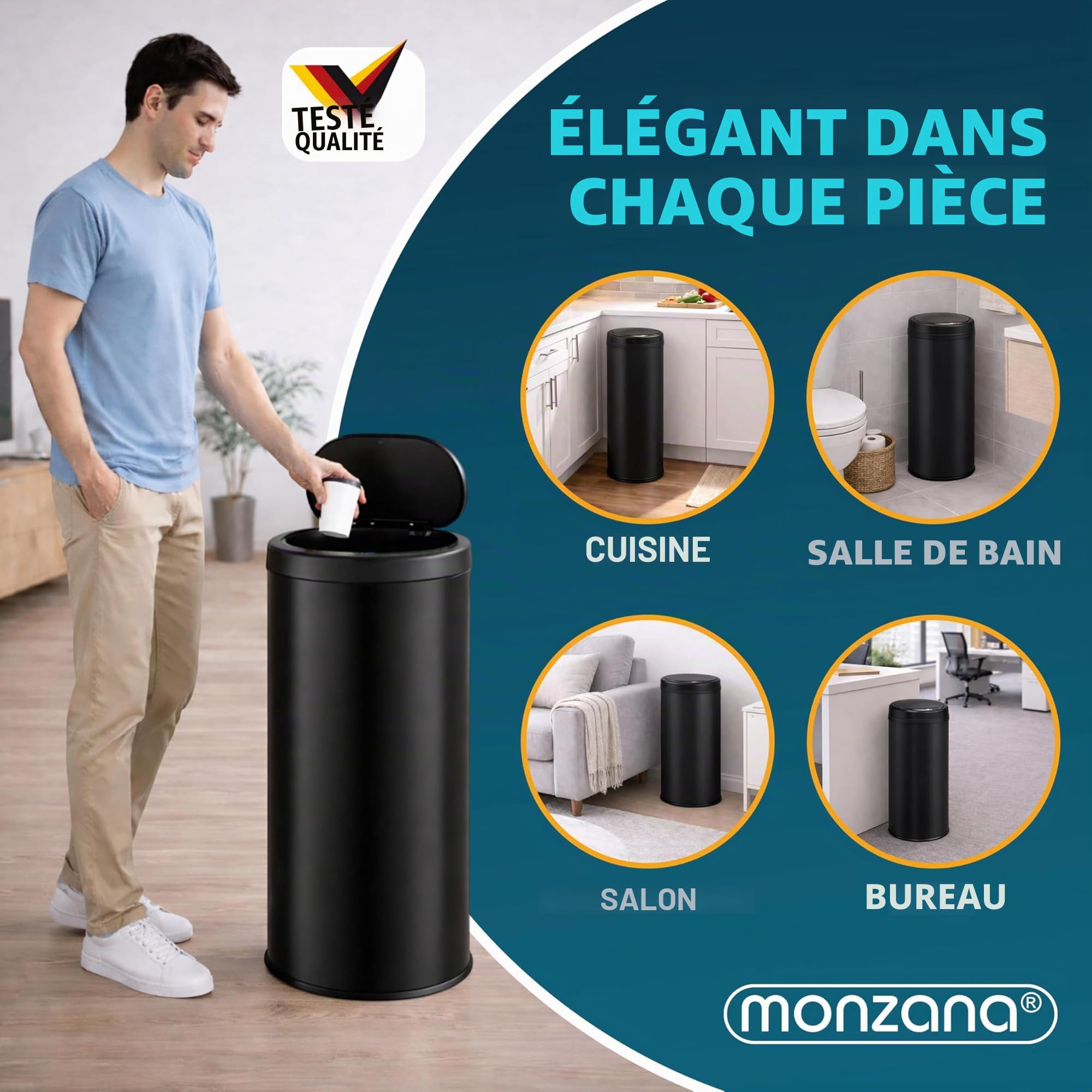 Poubelle automatique acier inoxydable 30L capteur mouvement imperméable sans contact LED USB noir