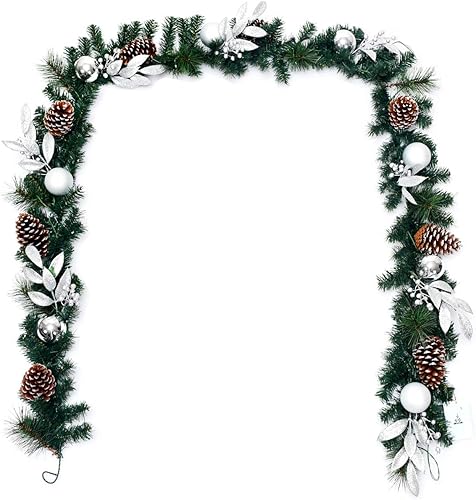 Miniatura 5 de Goplus Guirnalda de Navidad preiluminada de 9 pies, con 50 luces LED, temporizador, conos de pino, bolas plateadas y hojas, para decoración de