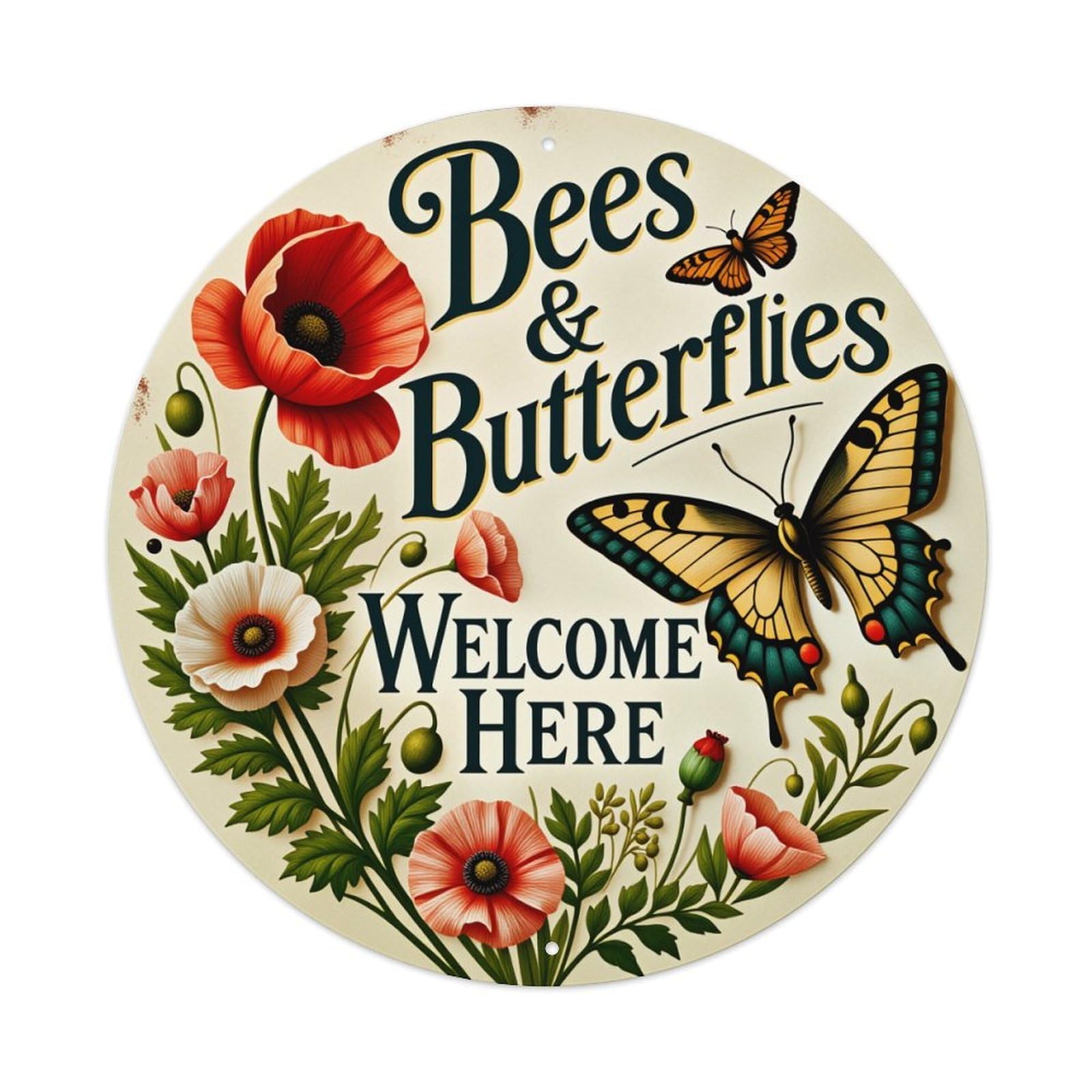 Bees Butterflies Flowers Welcome Here Round Tin Sign Vintage Style Metal Sign Home Bar Garden Wall Plaque Decor Metal Poster 8x8 Inch