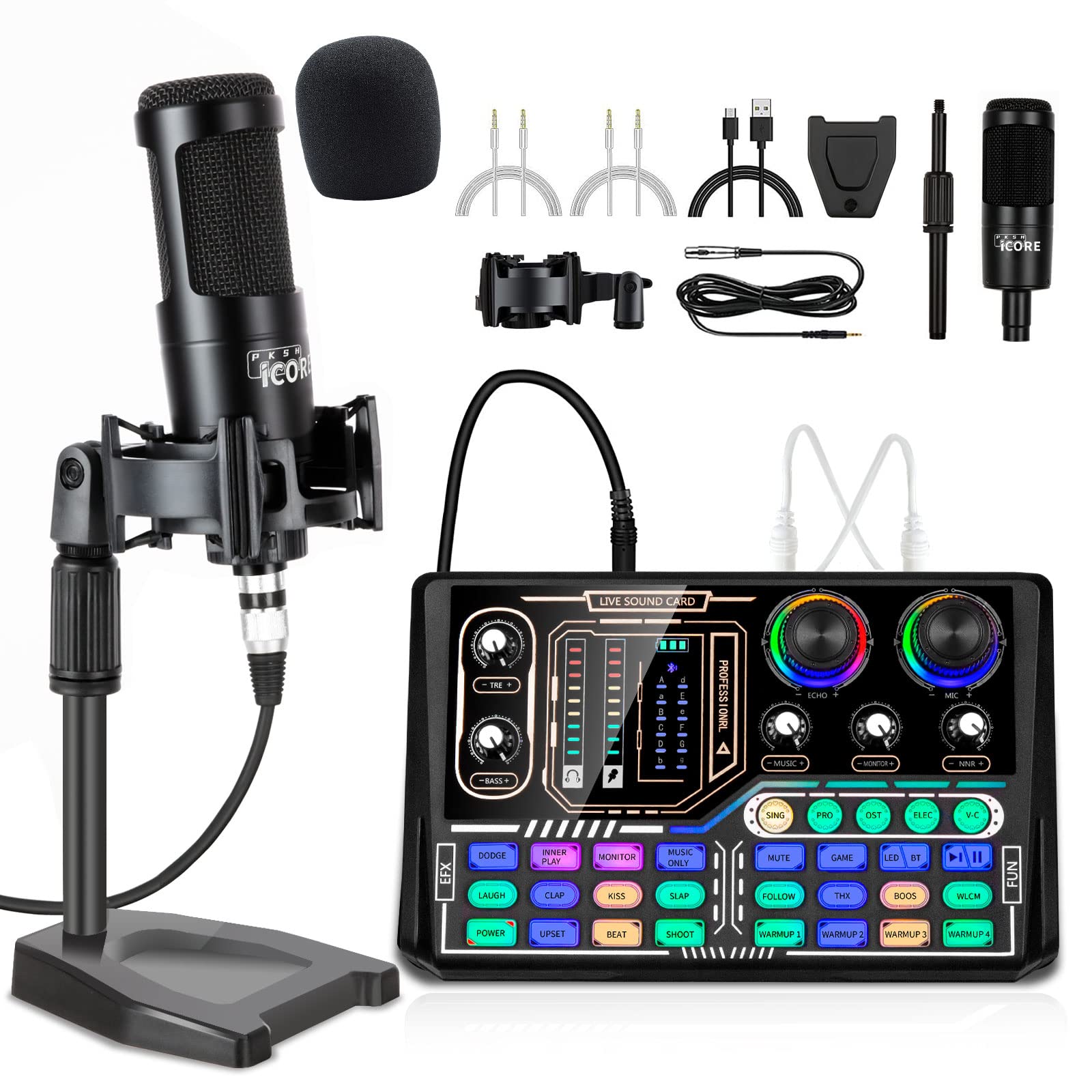 Mixer sound card, broadcast equipment bundles, professional DJ audio interface mixers for live streaming, recording songs and game playing, portable podcast production studio with XLR microphone