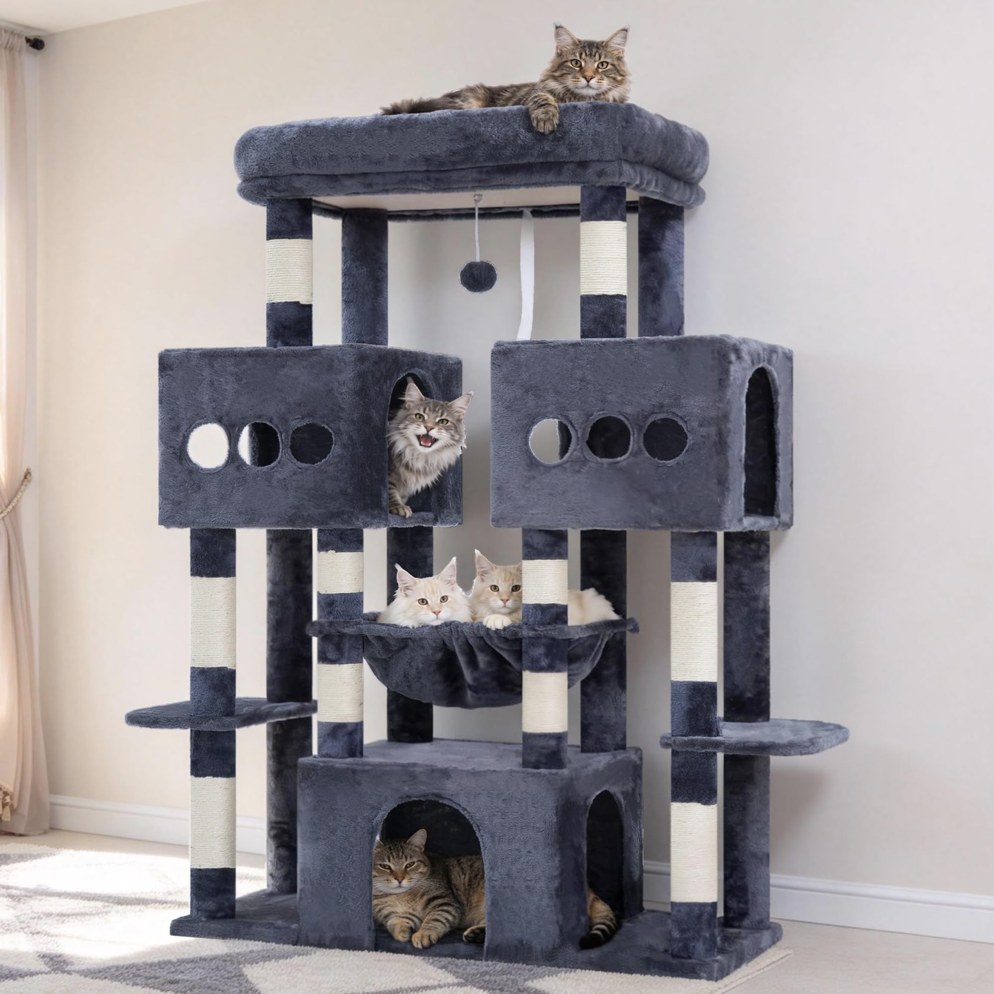 Hey-brother Tiragraffi per Gatti, con Amaca, 3 Cucce grandi, MPJ83G | 144cm Albero per Gatti, Piattaforma spaziosa, Pompon, Ideale per Maine Coon da interno, Grigio Fumo