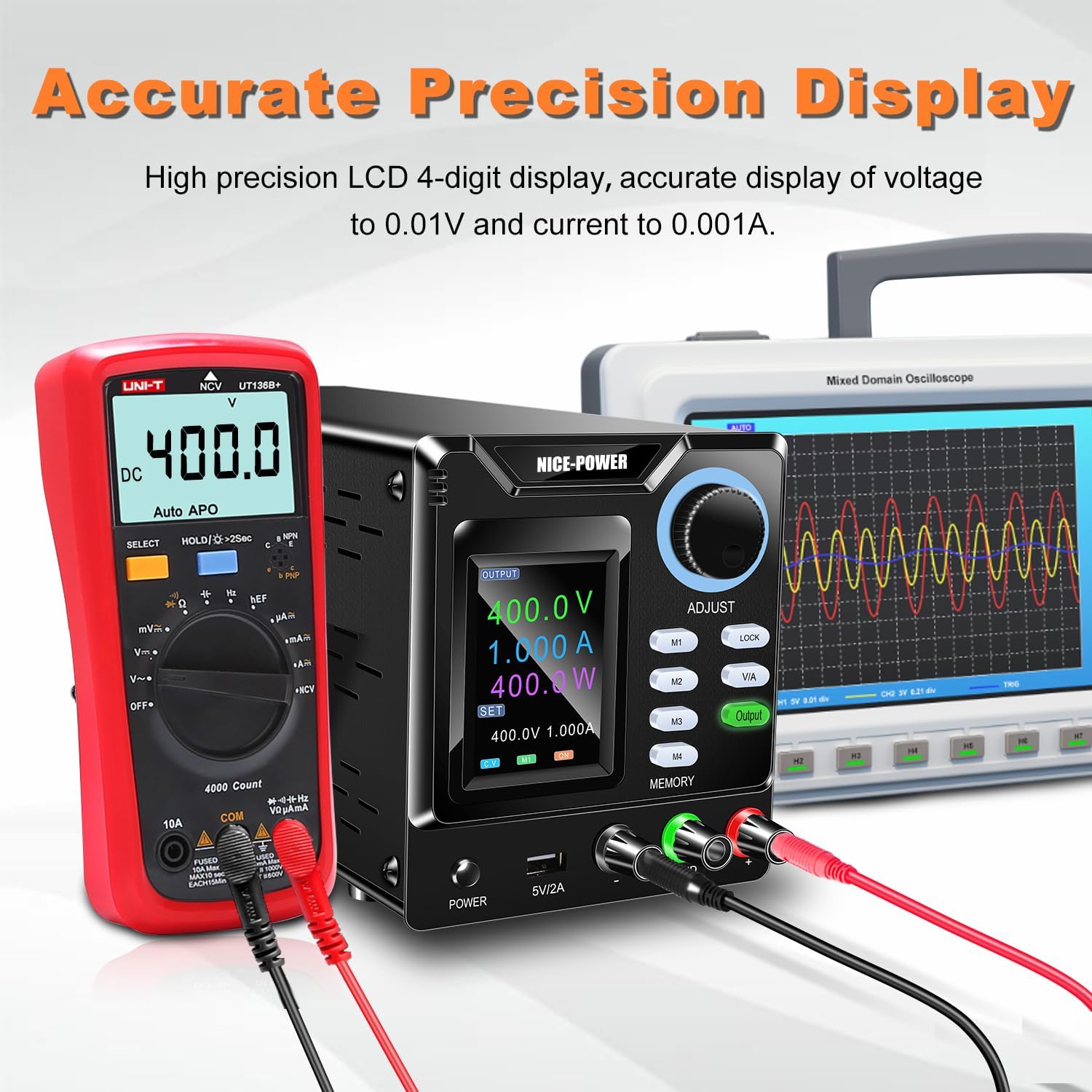 NICE-POWER DC Power Supply Variable, 0-400V 0-1A High Voltage Bench Power Supply with Memory Storage & Encoder Knob, Adjustable Regulated Lab Power Supply with Output Switch Lock Button Color Display