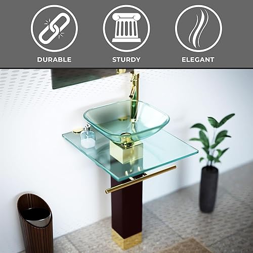 Miniatura 6 de Renovators Supply Manufacturing Bohemia - Fregadero de cristal moderno con pedestal de cristal templado para encimera de baño, lavabo chapado en