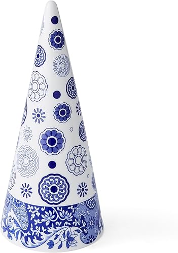 Vista 2 de Spode Topiario italiano azul, escultura de porcelana de árbol de Navidad de cerámica en forma de cono de 10 pulgadas con motivo de desplazamiento