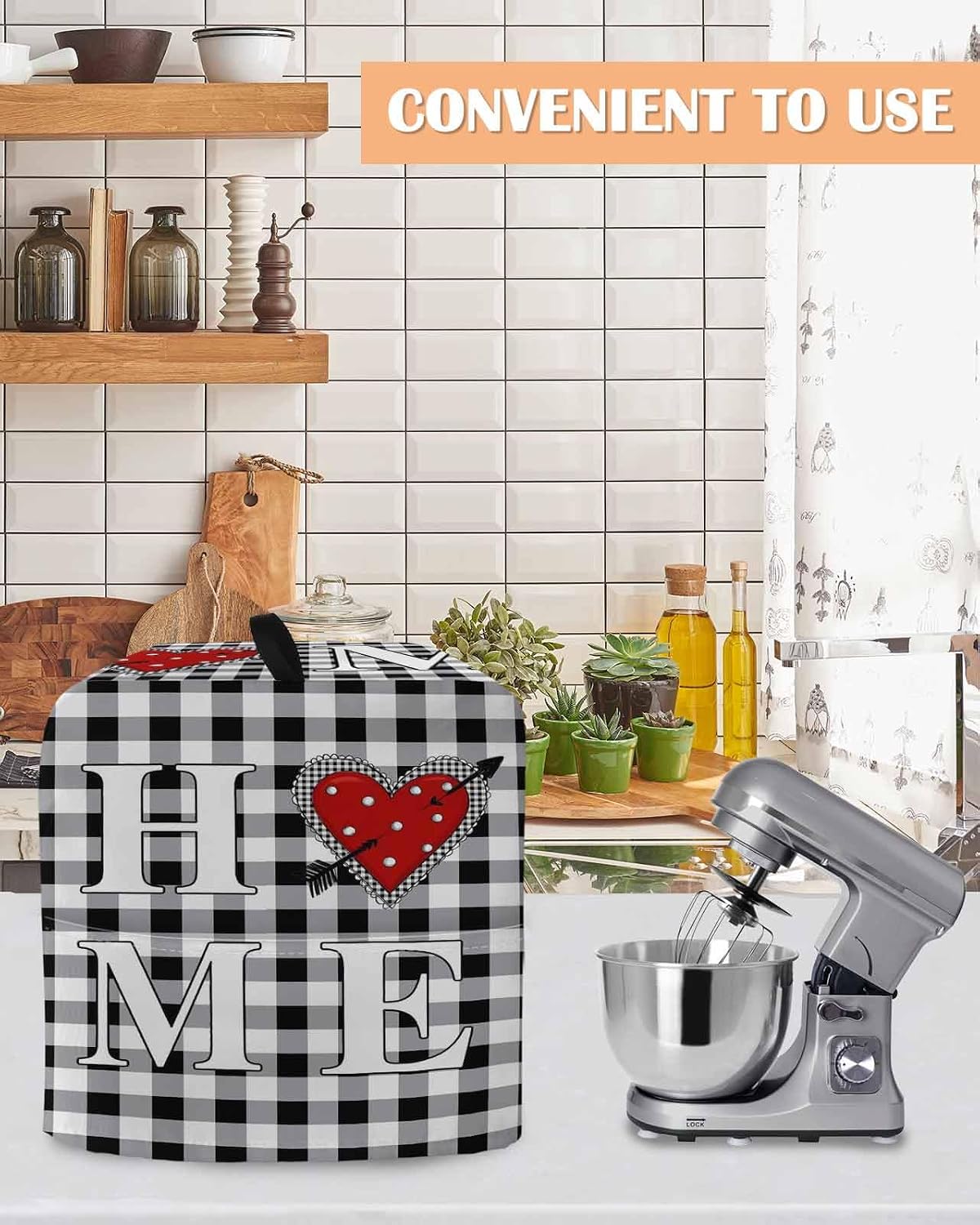 Vintage Home Stand Mixer Cover with Storage Pocket, Waterproof Kitchen Mixer Covers, Valentine's Day Love Heart Black White Plaid Kitchen Appliance Dust Cover Compatible with 4/4.5 Quart Mixers