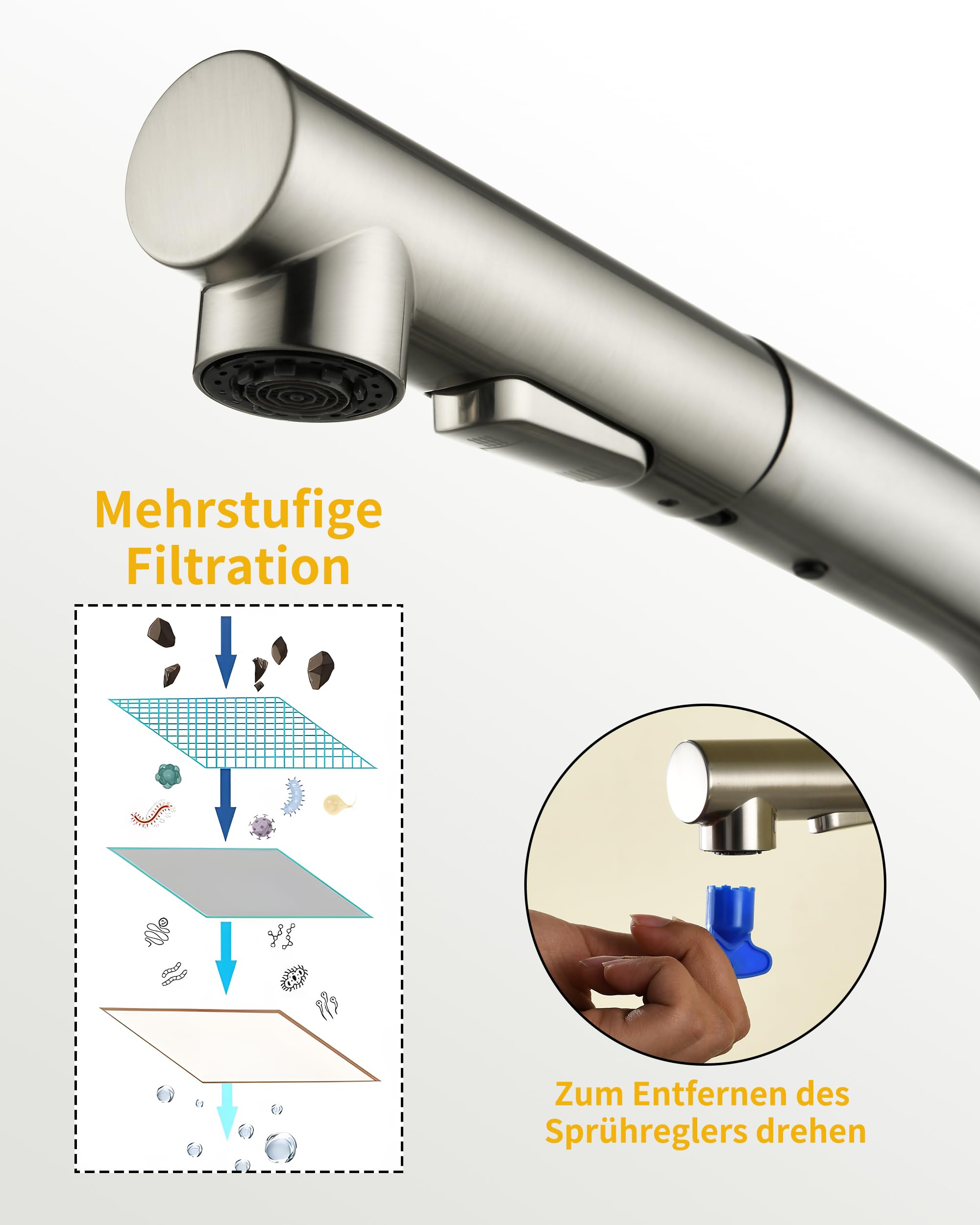 Grifo de cocina Baollansa, grifo extractable con alta presión, grifo de fregadero de cocina con ducha, 2 tipos de chorro de agua, grifo de cocina de acero inoxidable, giratorio 360° (cepillado) — view 8