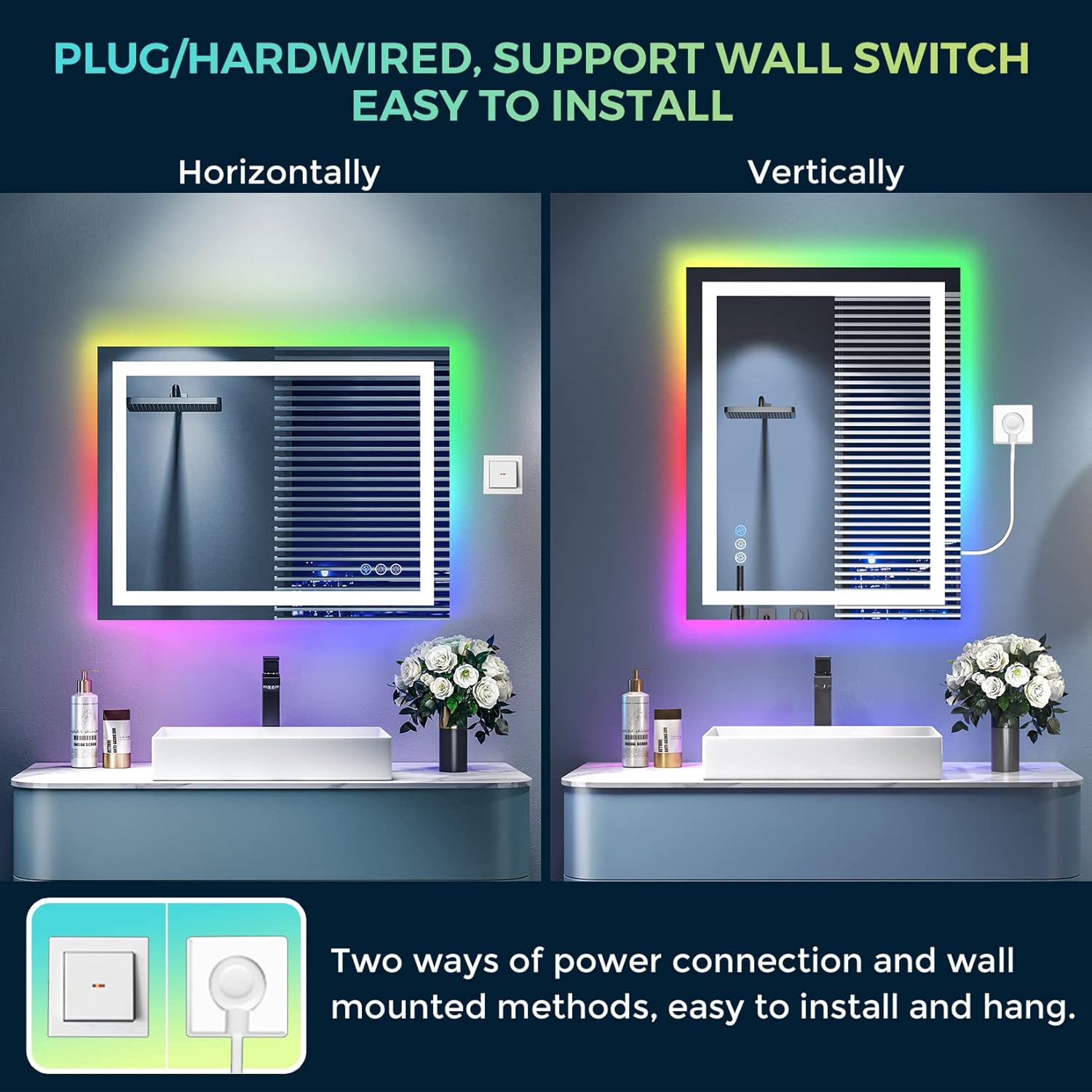 24インチ x 32インチ LEDミラー 浴室用 RGBバックライト + フロントライト 調光可能 曇り止め 照明付き化粧鏡 壁用