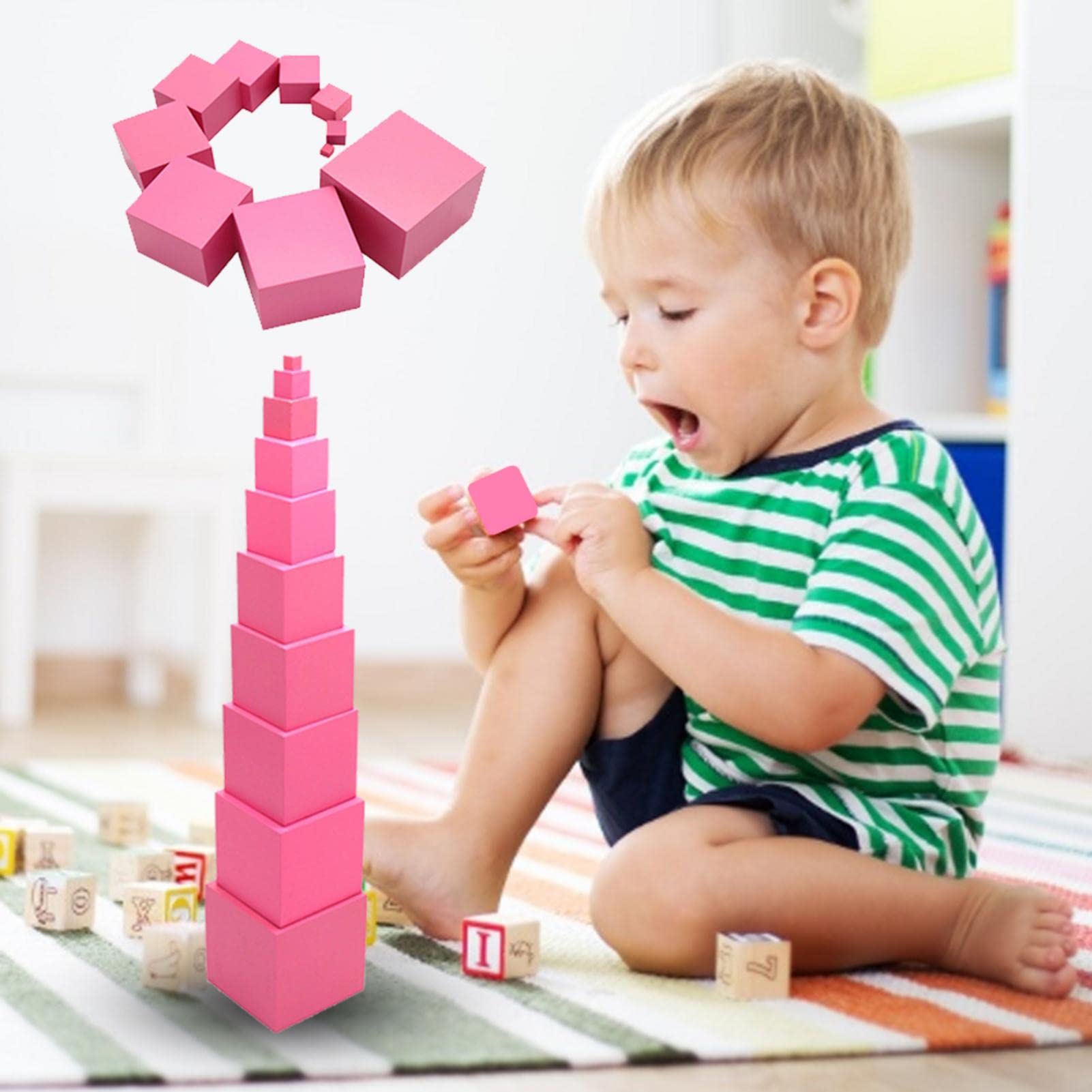 Rianpesn Torre Rosa Montessori – Juguete De Madera De 10 Cubos Para Educación Temprana, Pensamiento Lógico Y Coordinación, +2 Años