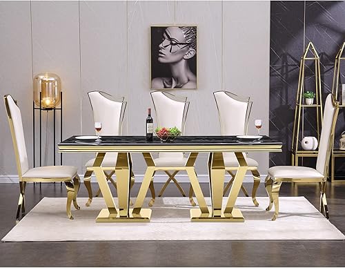 Miniatura 9 de ACEDÉCOR Juego de mesa de comedor de lujo de 5 piezas para 4, juego de cocina y comedor con 4 sillas de comedor de cuero blanco, mesa de comedor