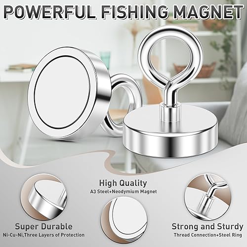Miniatura 11 de FINDMAG Imán de pesca súper fuerte, fuerza de tracción de 1000 libras, imán de neodimio de tierras raras con ojal de agujero avellanado, imanes