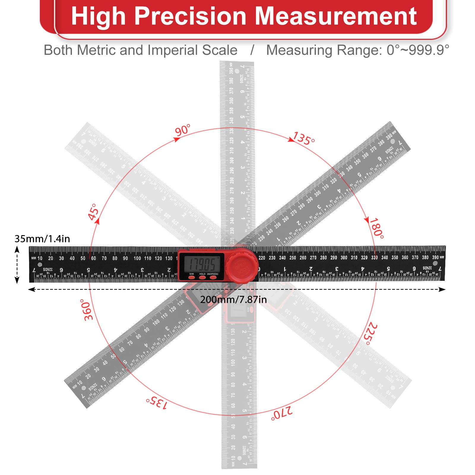 Goniometro digitale 2 in 1 200 mm 7,8 pollici con display LCD e funzione hold blocco righello angolare girevole 360°