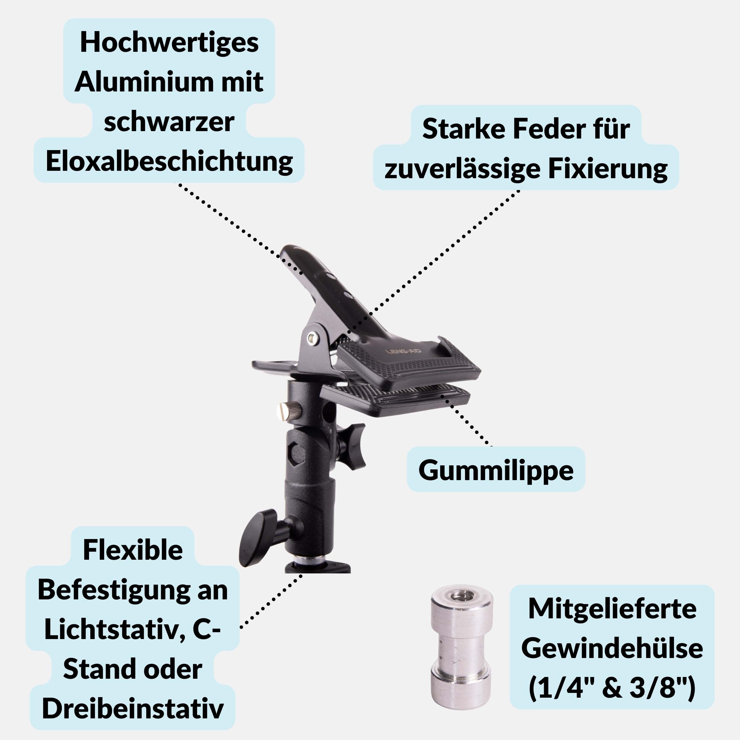Lens-Aid Reflektor-Klemme fürs Fotostudio: Stativ Halterung aus Metall für Lichtreflektoren und Foto-Hintergründe inkl. 1/4" & 3/8" Gewinde-Adapter