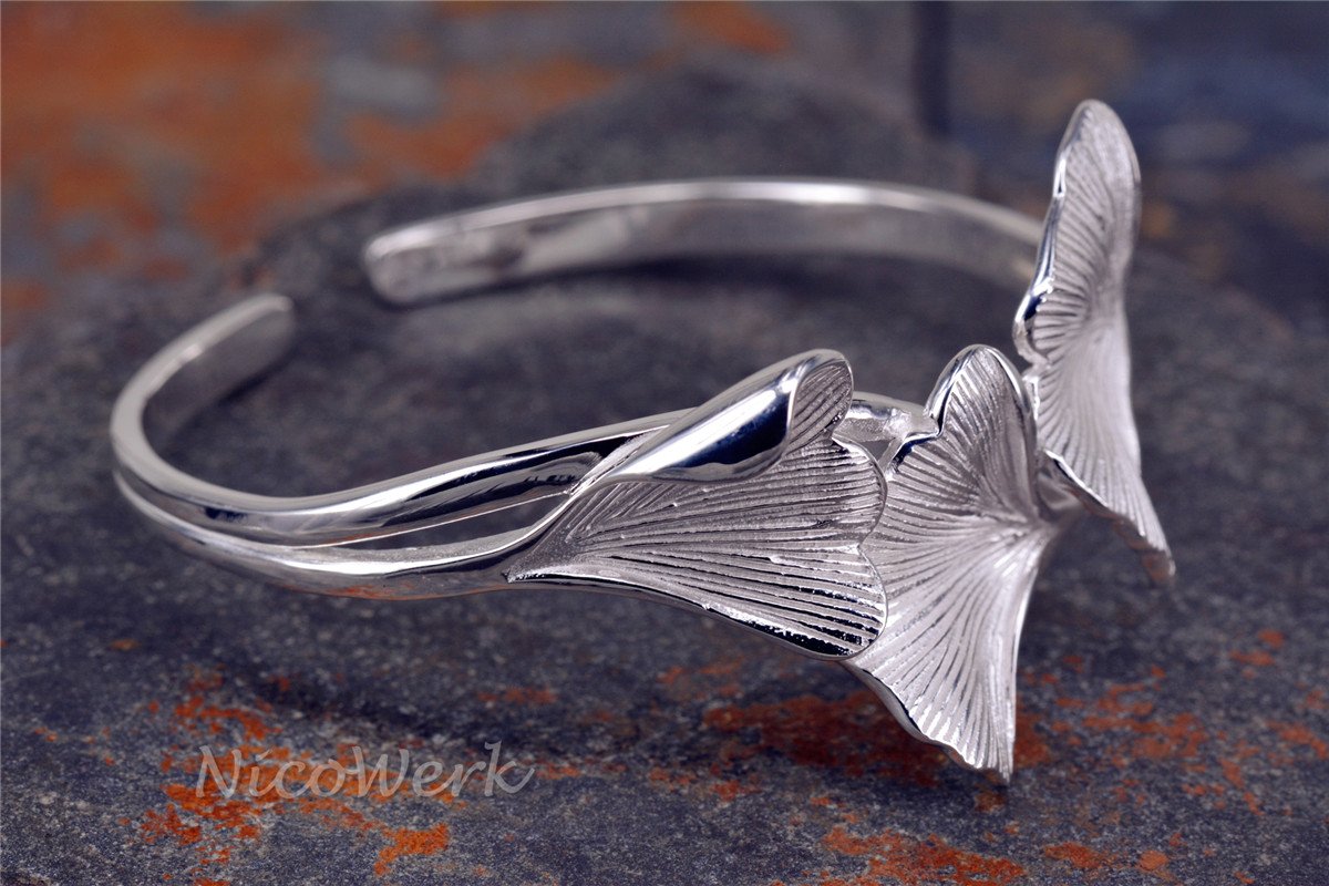 NicoWerk Silber Armreif Ginkgo-Blatt Ginko Natur Breit Matt Glatt Armspange Armband 925 Damen Schmuck Geschenk Sterling SAR117