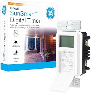 GE SunSmart Digital in-Wall Timer, Daily ON/Off Times, Programmable Settings, Sunset/Sunrise Presets, Vacation Security, White & Almond, Lights, Fans, Heaters, Timer Switch, Light Switch Timer, 32787