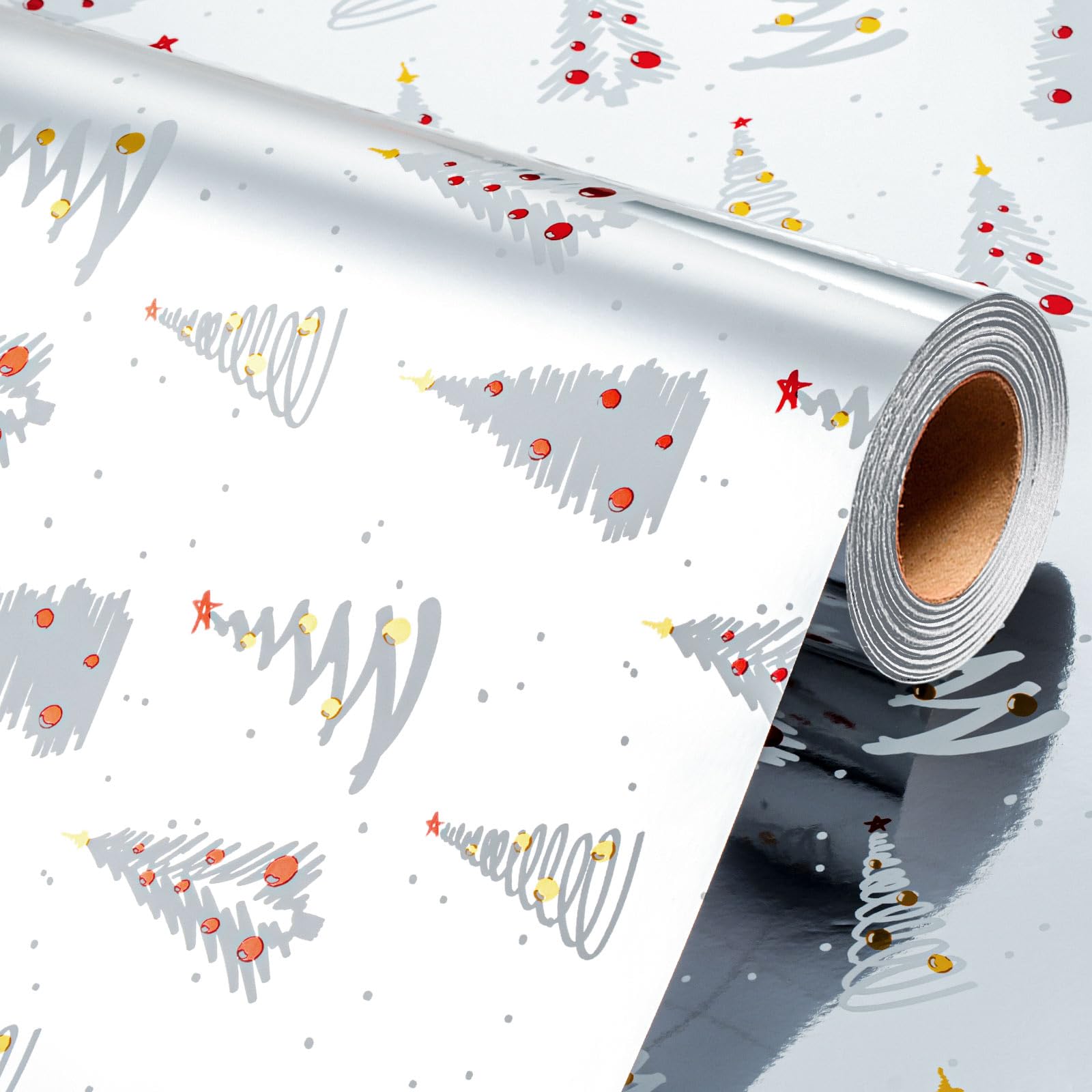 Wikadlik Silver Wrapping Paper Roll - Metallic Shine Elegant White Christmas Tree Gift Wrap for Winter Holiday Festive Celebration - 43cm x 10m